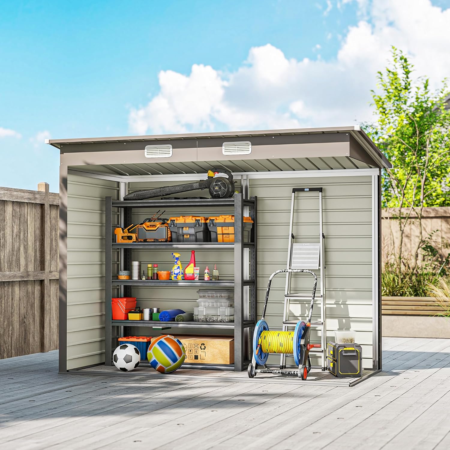 Outsunny Metall Gerätehaus 2,7 m² 249x121x183cm Geräteschuppen mit Pultdach Abschließbarer Doppeltür Entlüftung Schloss Rampe Gartenhaus Outdoor Garten Schuppen für Hinterhof Außenbereich Hellgrau