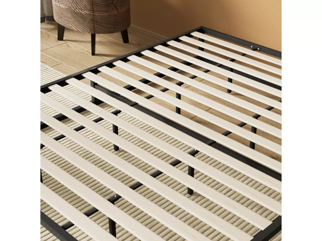 Lit 90x190 cm, cadre en acier, lattes en bois