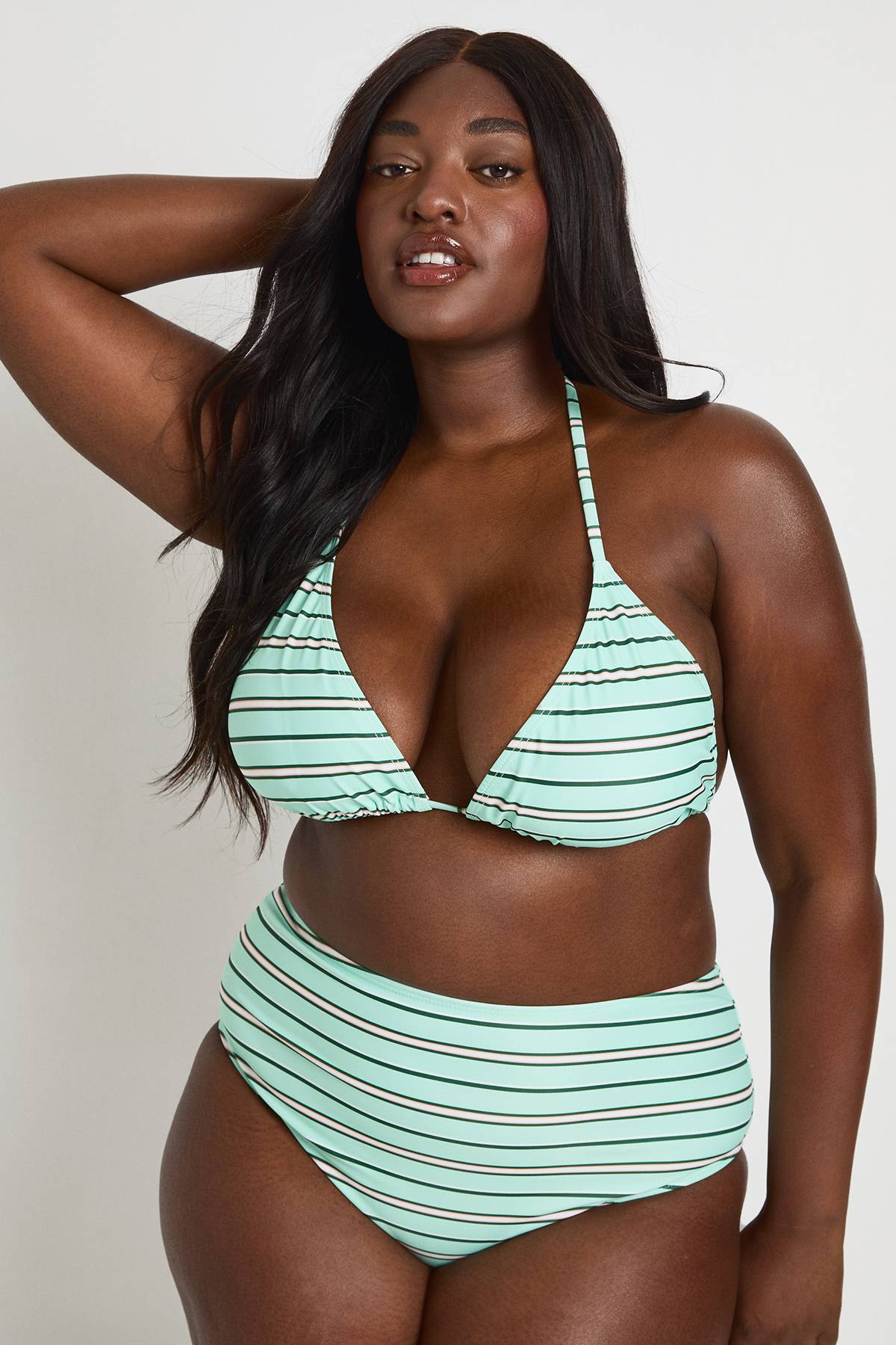 boohoo Bikini Grande Taille À Rayures Avec Haut Triangle Et Taille Haute