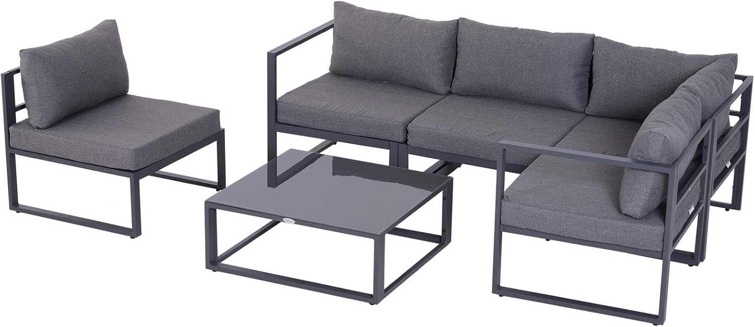 Outsunny 6-TLG. Gartengarnitur Gartenset Gartensofaset Sitzgruppe Gartenmöbel Alu+ Polyester + Hartglas Grau 4 x Sessel 1 x Ecksofa 1 x Beistelltisch Kissen für 4–5 Personen