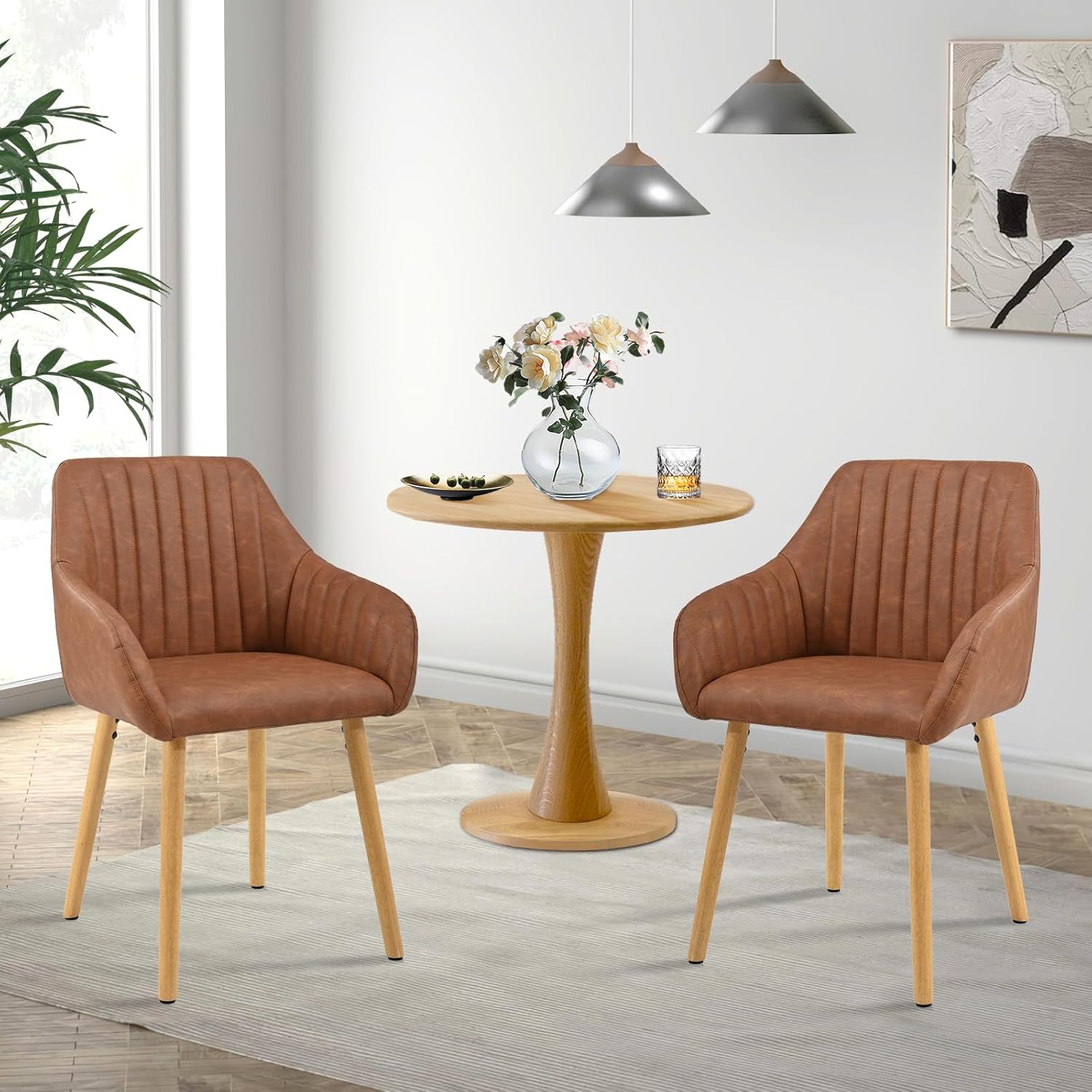 6er Set Esszimmerstühle Kunstleder Braun mit Armlehne Küchenstuhl Polsterstuhl Stühle Esszimmer mit Gepolstertem Sitz und Holzbeine für Wohnzimmer