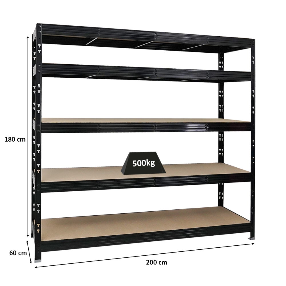 PROREGAL Professionele Heavy-Duty Stellingkast Rhino HxBxD 180 x 200 x 60 cm 5 Spaanplaat Planken 8mm Plank Draagvermogen 500 kg Zwart