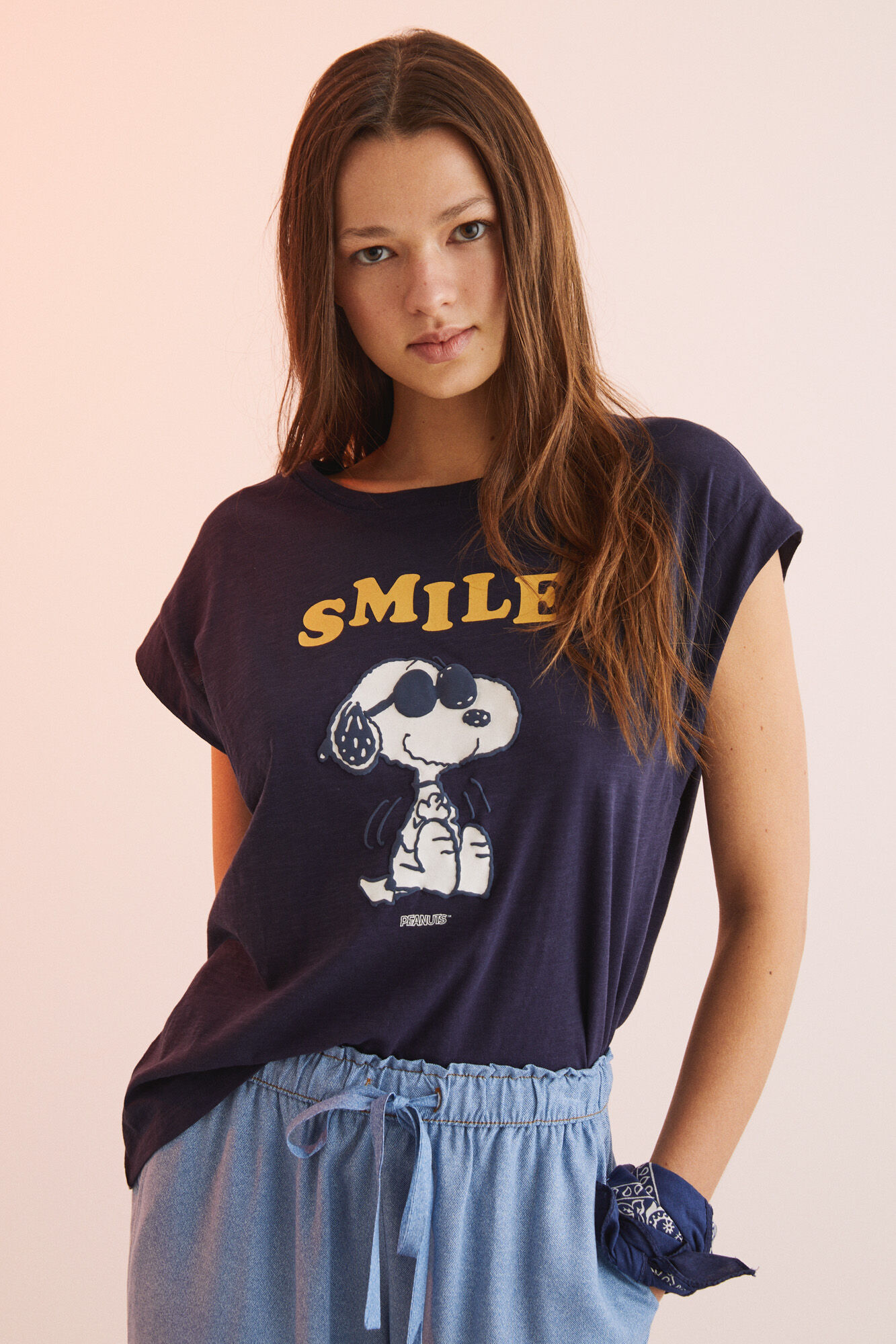 Camiseta de algodão de manga curta Snoopy, azul marinho - azul