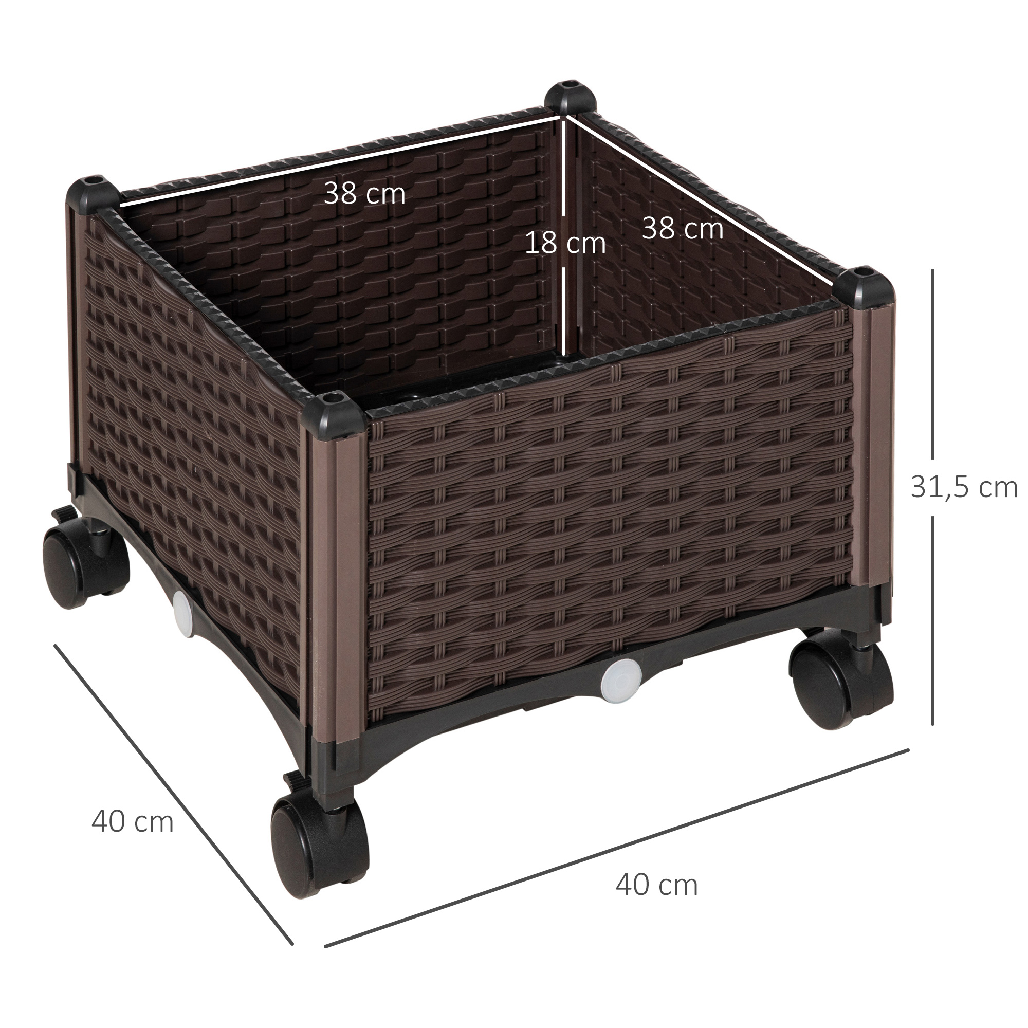 Vaso de plástico curvo Outsunny com 4 rodas, vaso de flores com furos de drenagem para cultivo de plantas ao ar livre, pátio, terraço, 40x40x31,5 cm, marrom