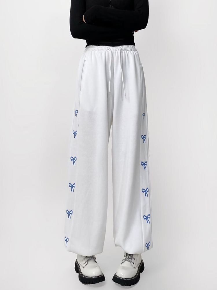 Jazzjo - Joggingbroek met hoge taille en lintaccent met wijde pijpen