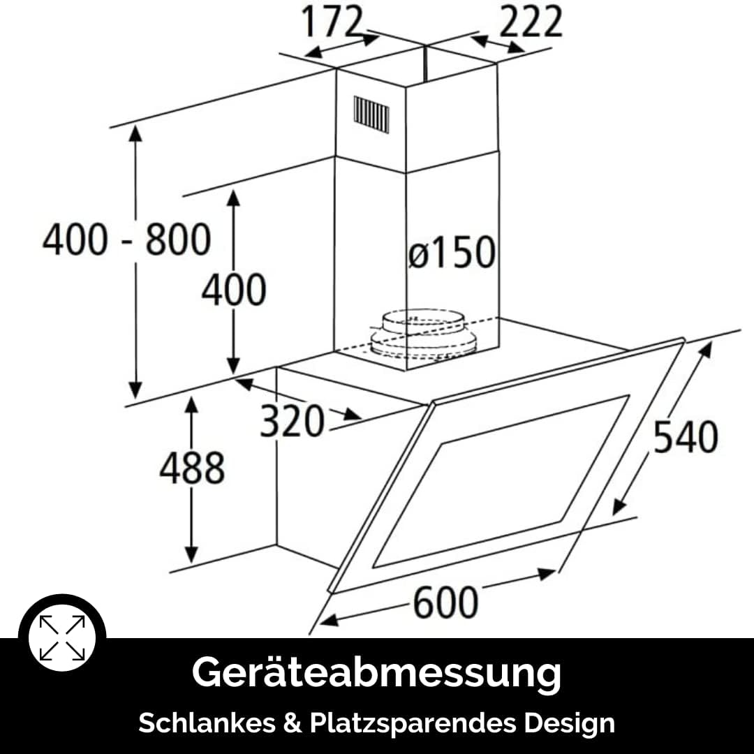PKM Schräghaube S3-60ABTZ | Kopffreihaube | Dunstabzugshaube | 60 cm Breite | Glas | schwarz | Abluft | Umluft