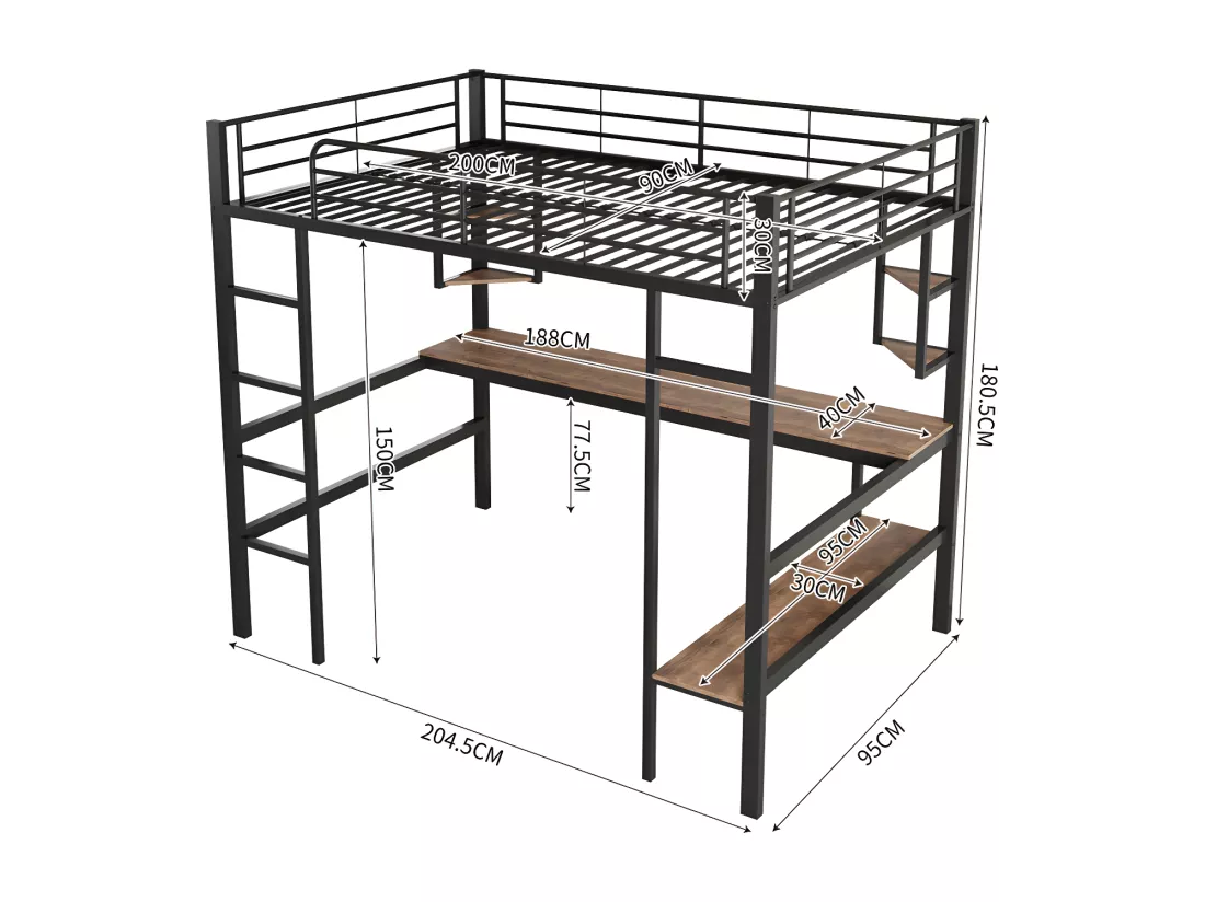 Lit mezzanine en fer - 90x200cm - avec bureau et 5 étagères - Noir