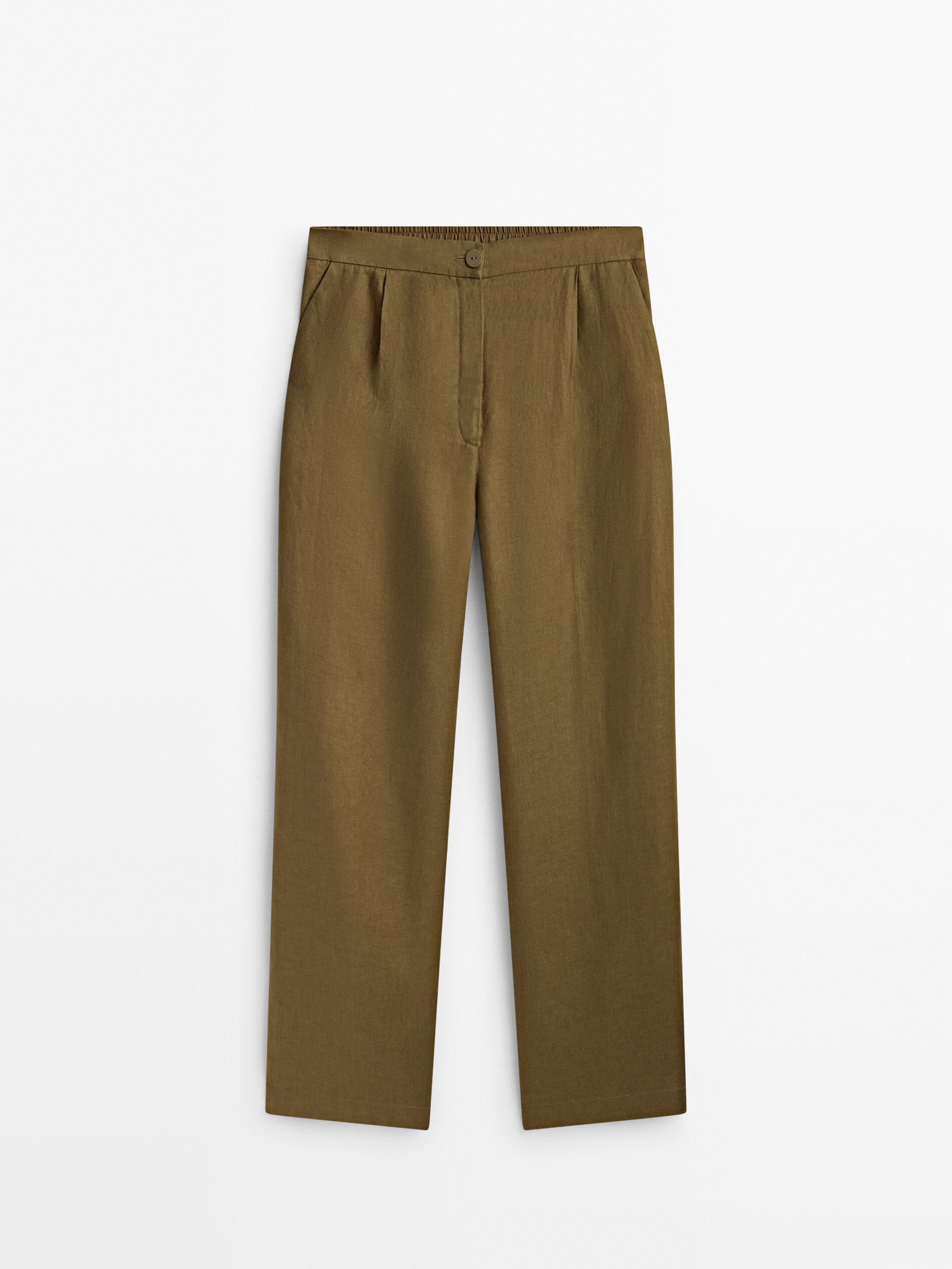 Calças de linho com pregas e modelagem jogger - Cáqui