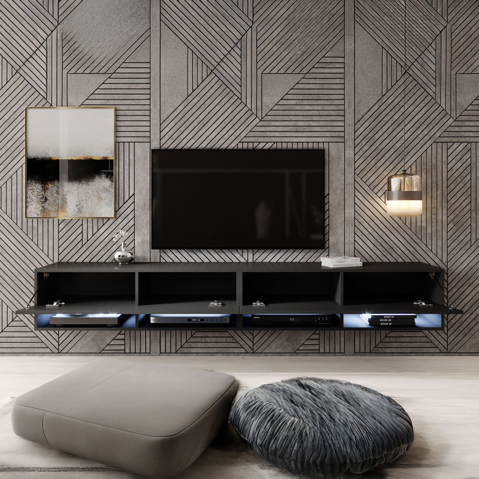 Asino - TV-Meubel met verlichting - Mat zwart - 200 cm
