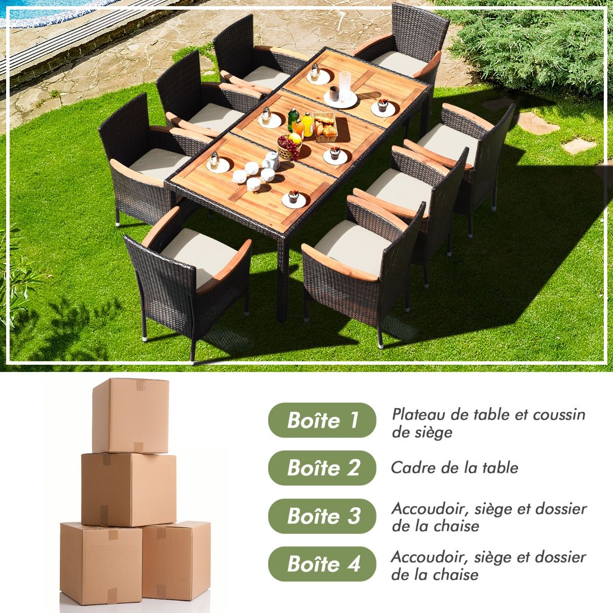 Salon de Jardin en Rotin 9 Pièces pour 8 Personnes Plateau de Table en Acacia Ensemble de Salle à Manger avec Coussins Amovibles Charge 160KG - Lidl-Manfred