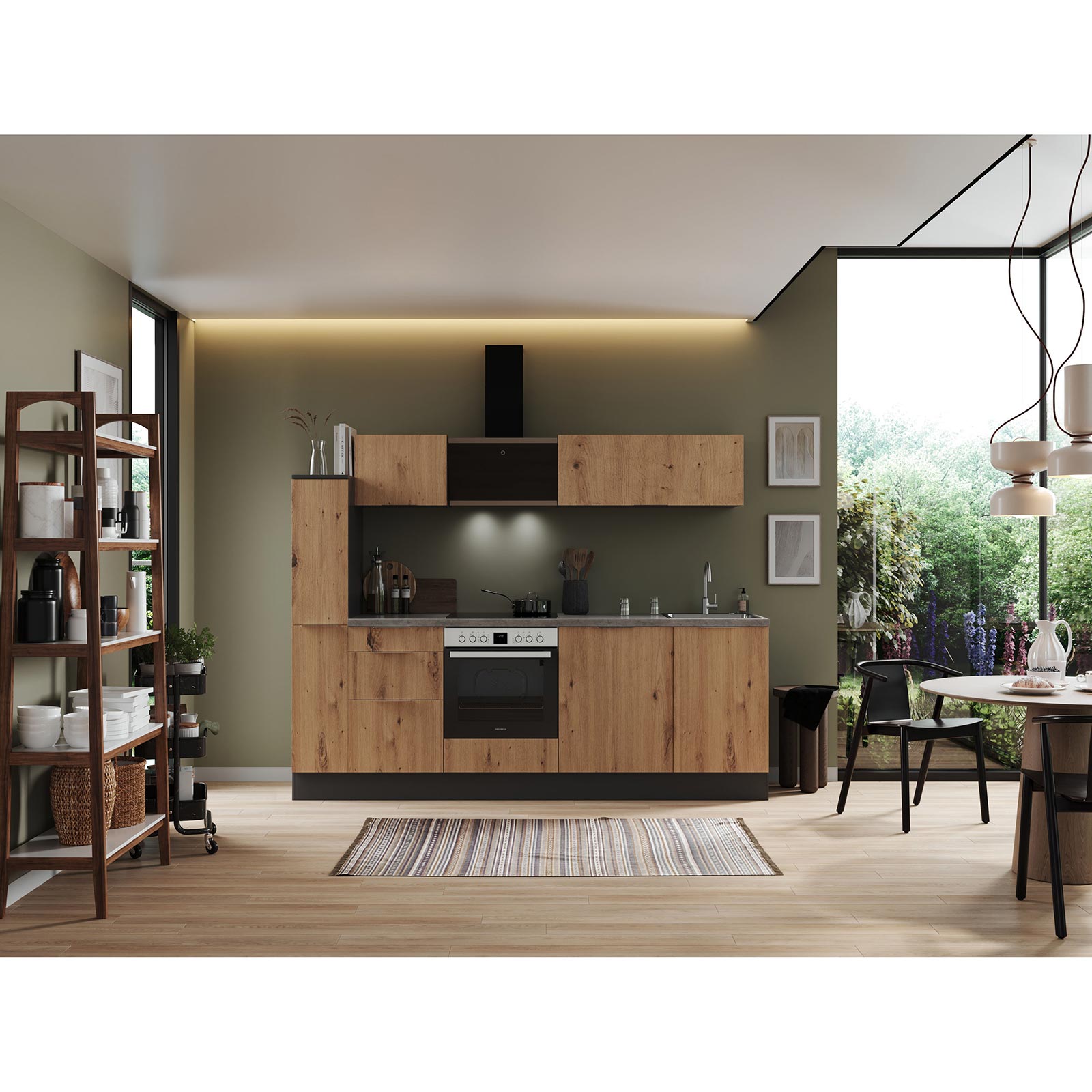 RESPEKTA Küchenblock - Artisan Eiche - grau matt - mit E-Geräten - 250 cm