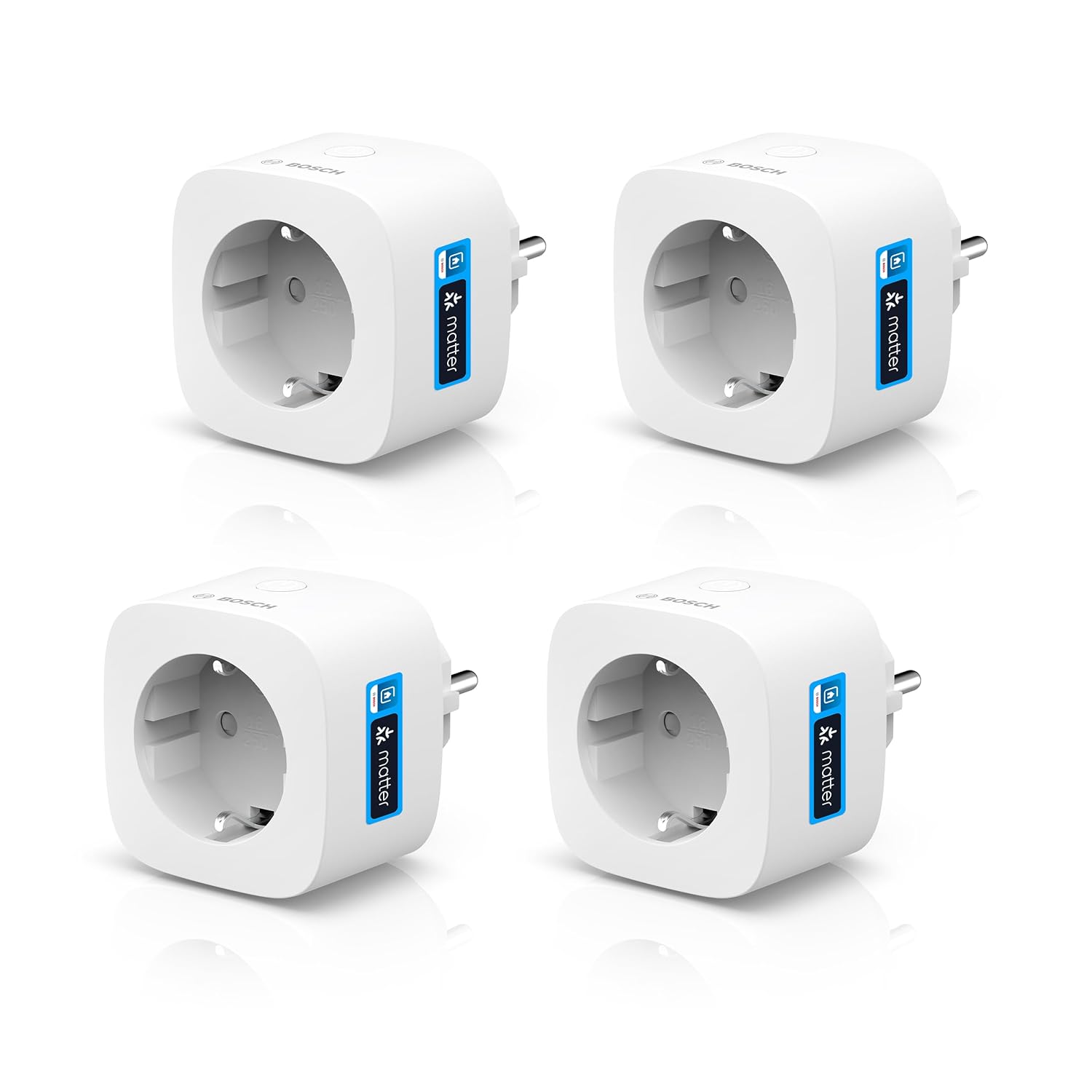 Bosch Smart Home Zwischenstecker kompakt [+M], smarte WLAN Steckdose, App steuerbar mit Energiesparfunktion, Nutzung im Bosch Smart Home System oder herstellerübergreifend in Matter Systemen, 4er-Set