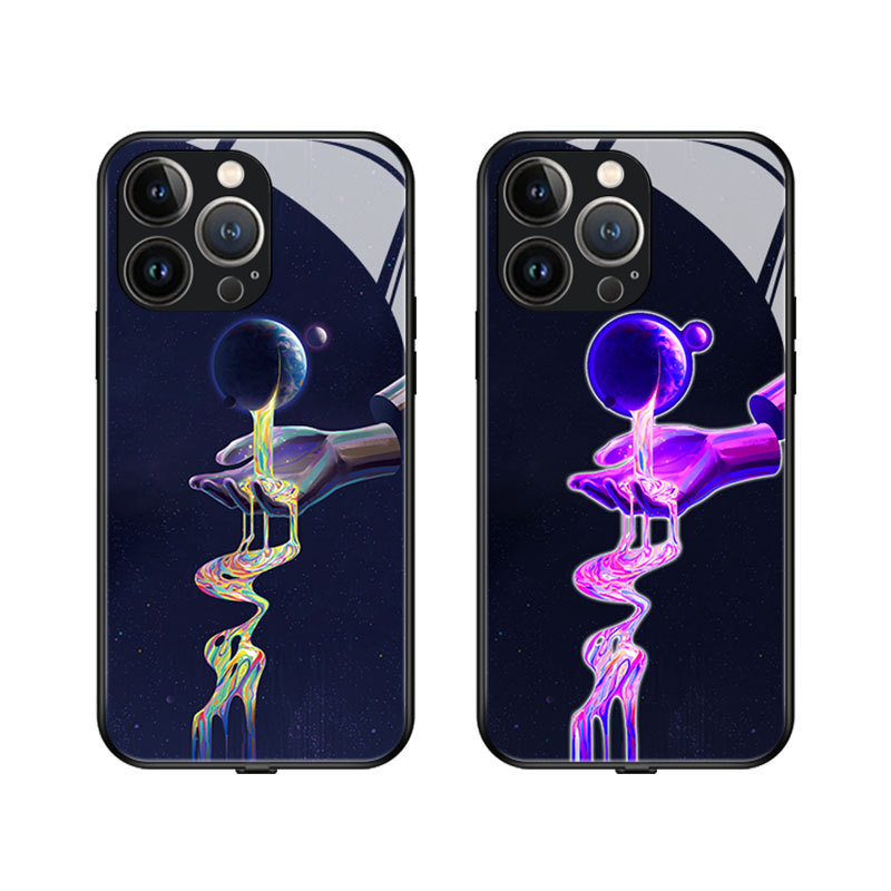 iPhone 14 Pro Hybrid Hardcase Hülle mit TPU Bumper   LED Acryl Rückseite   Kameraschutz - Planet mit Hand Design