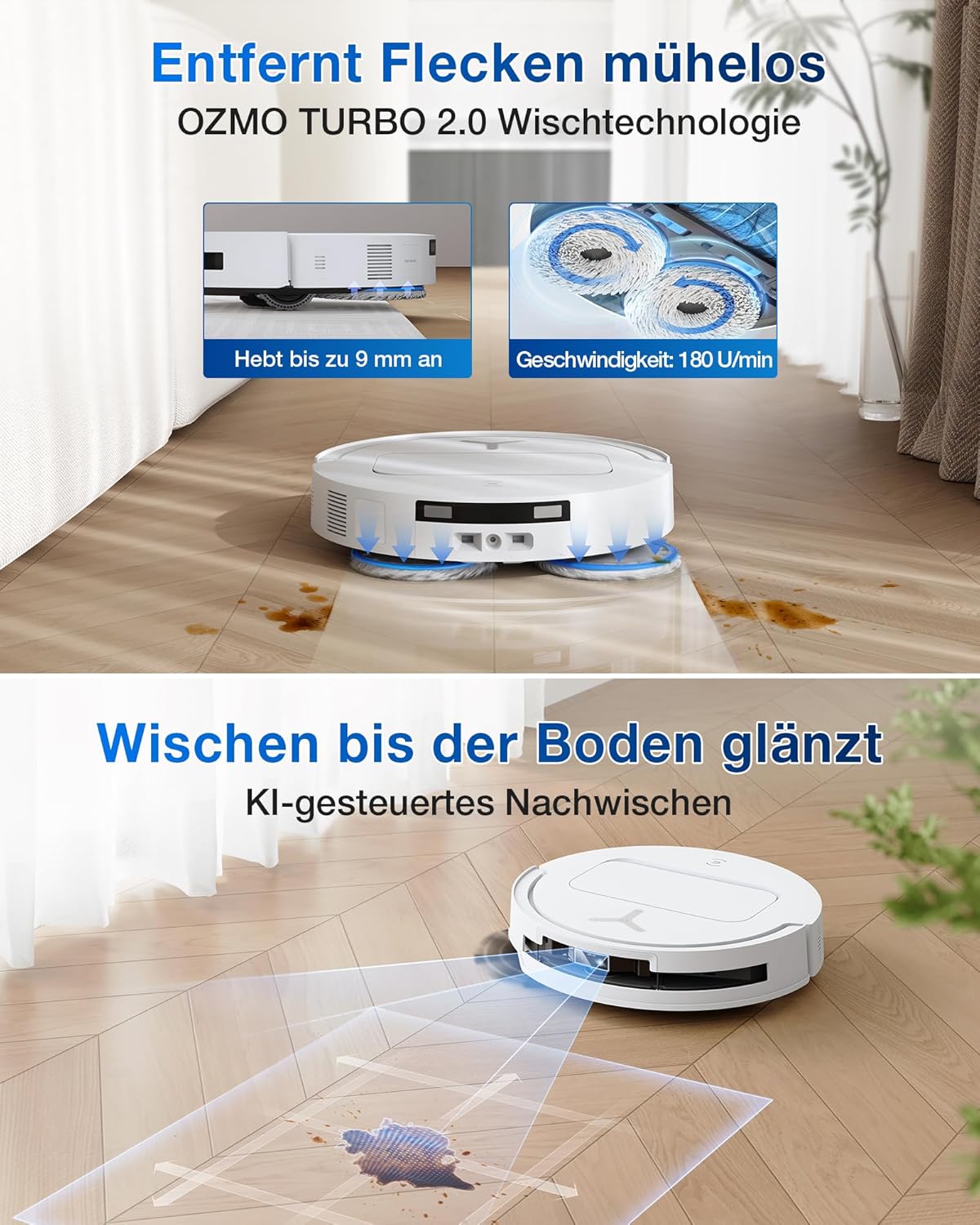 ECOVACS DEEBOT T50 PRO Omni Saugroboter mit Wischfunktion, ausfahrende Seitenbürste und Wischmopp, 15.000 Pa, Auto Zugabe von Reinigungslösung, Moppwäsche mit 75°C heißem Wasser, ultradünn 81 mm,Weiß