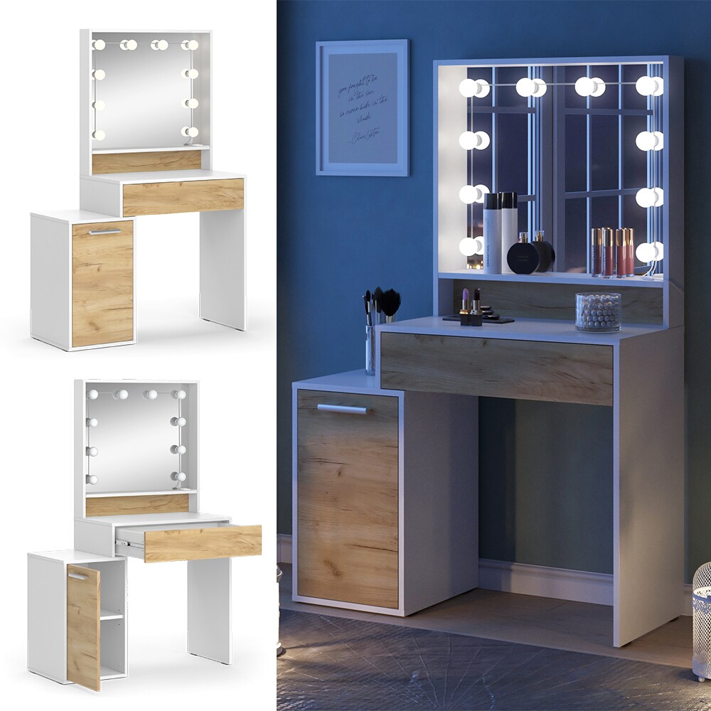 Vicco Schminktisch Altea 95 x 145 cm Weiß Eiche Frisiertisch Spiegel LED-Lampen