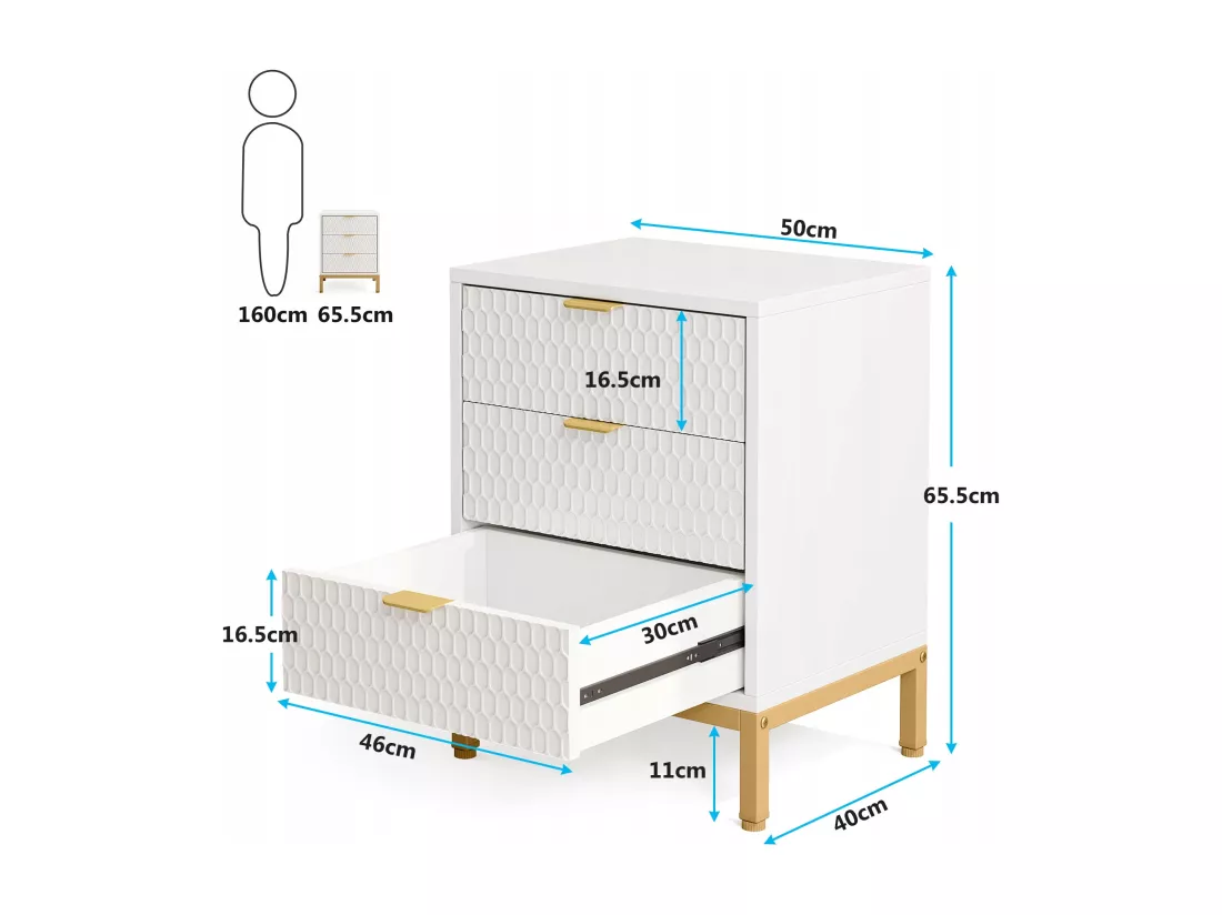Tribesigns Table de Chevet Moderne de 65,5 cm de Haut avec 3 tiroirs, Table d'appoint contemporaine avec Rangement pour Chambre à Coucher, Salon, Blanc et doré