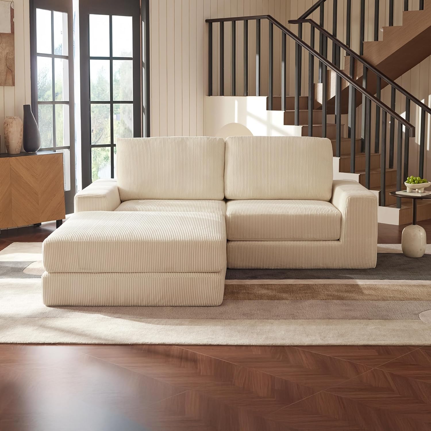 Modulares Bonelesss Sofa Couch, 204cm Modernes Bequemes Schlafsofa Mit tiefer Sitzfläche, L-förmiges Ecksofa, Cord Bodensofa Für Wohnzimmer, Wohnung, Kein Zusammenbau Erforderlich, Beige