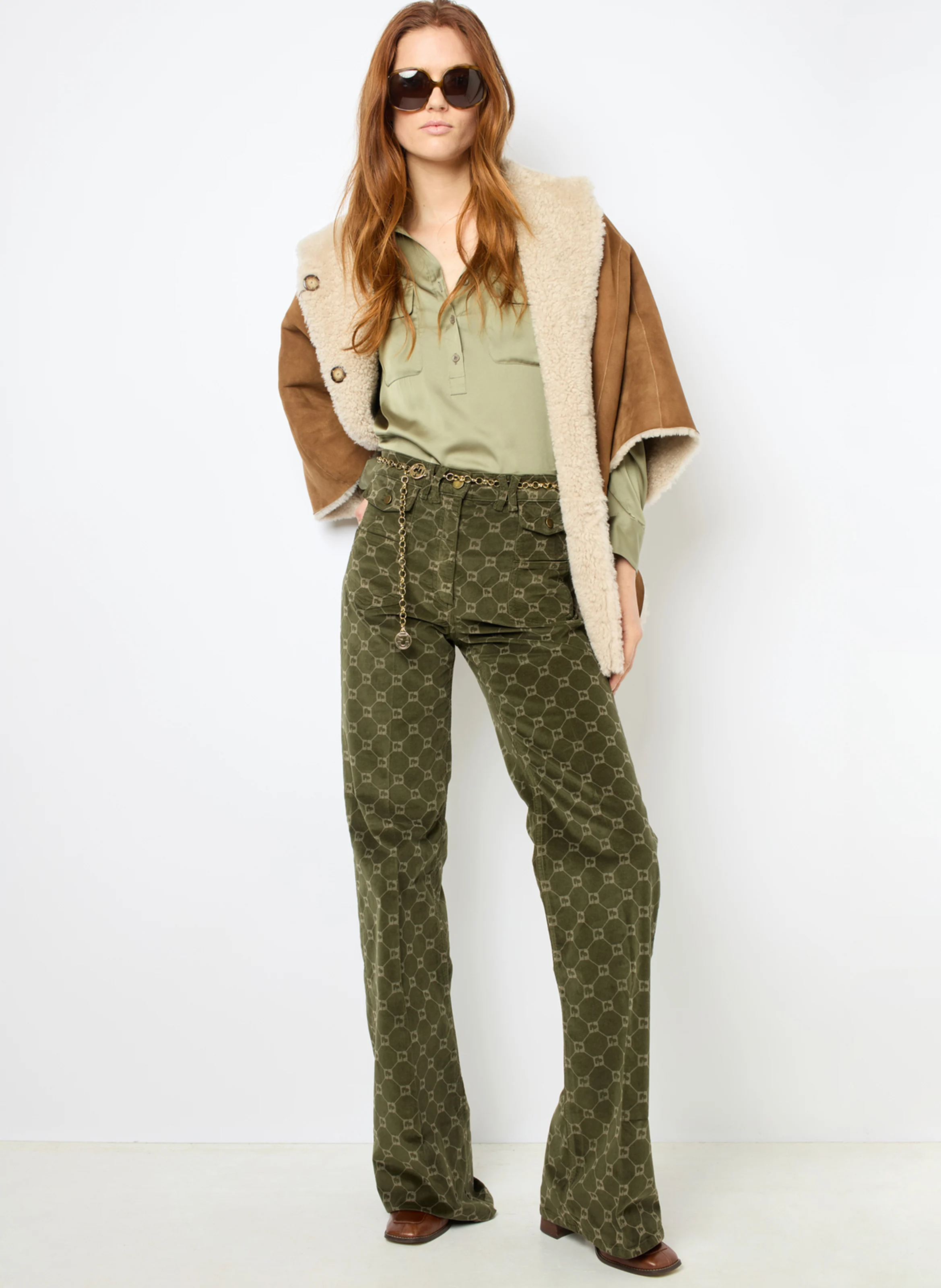 ANNA - Pantalon flare en coton mélangé | Vert