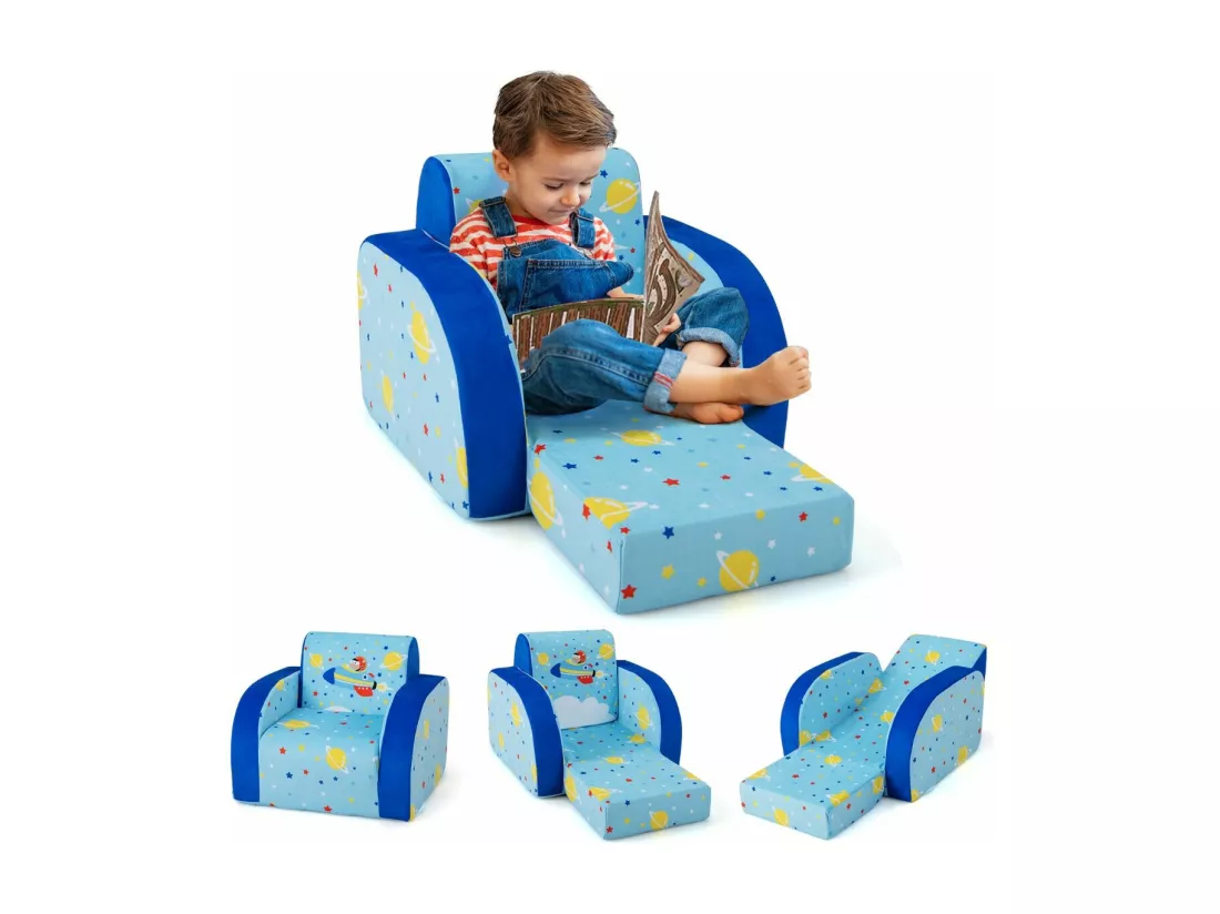 Canapé Convertible pour Enfants de 0-4Ans, Canapé-Lit Rembourré pour Enfants avec Siège Rembourré en Éponge, Tissu en Velours et Motif pour Lecture, Jeu et Repos (Avion)