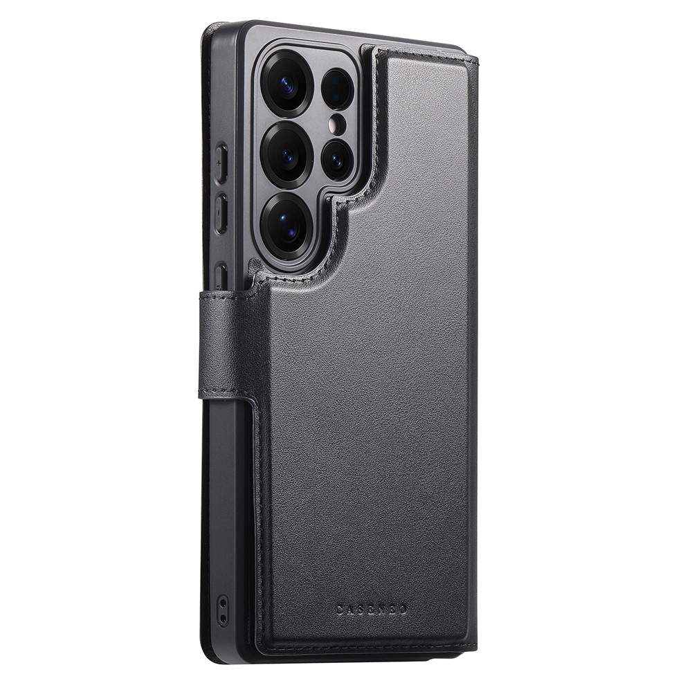 Samsung Galaxy S25 Ultra Leder Case Schutzhülle mit Finger Griff Halterung   Abnehmbare Tasche inkl. Kartenfächer MagSafe-Modul (RFID Schutz) Schwarz