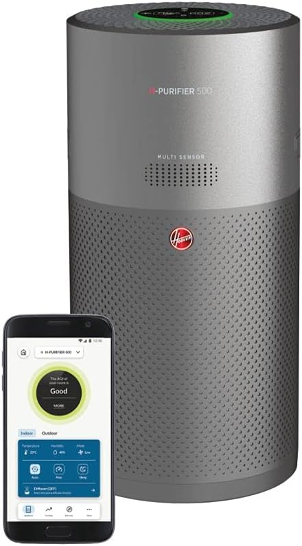 Hoover H-PURIFIER 500 Luftreiniger – mit HEPA-13 Filter für gute Luftqualität – Luftmesser mit CO-Warnsystem – mit Diffusor-Funktion – mit App & LED-Display steuerbar, für Räume bis 110 m² [HHP55CA]