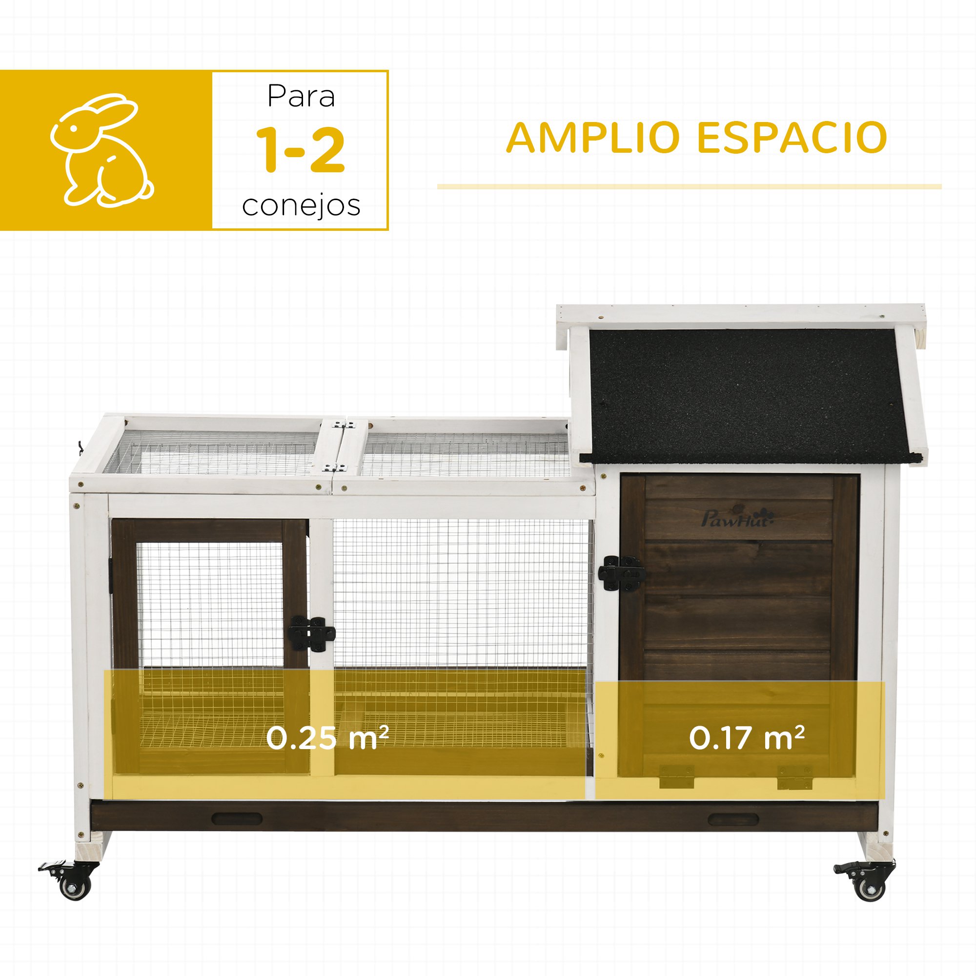 Gaiola de madeira PawHut para coelhos com rodas, 108x58x73,5 cm, para 1-2 coelhos, com teto que abre, cercado de metal, bandeja removível, portas com trava e rampa, marrom.