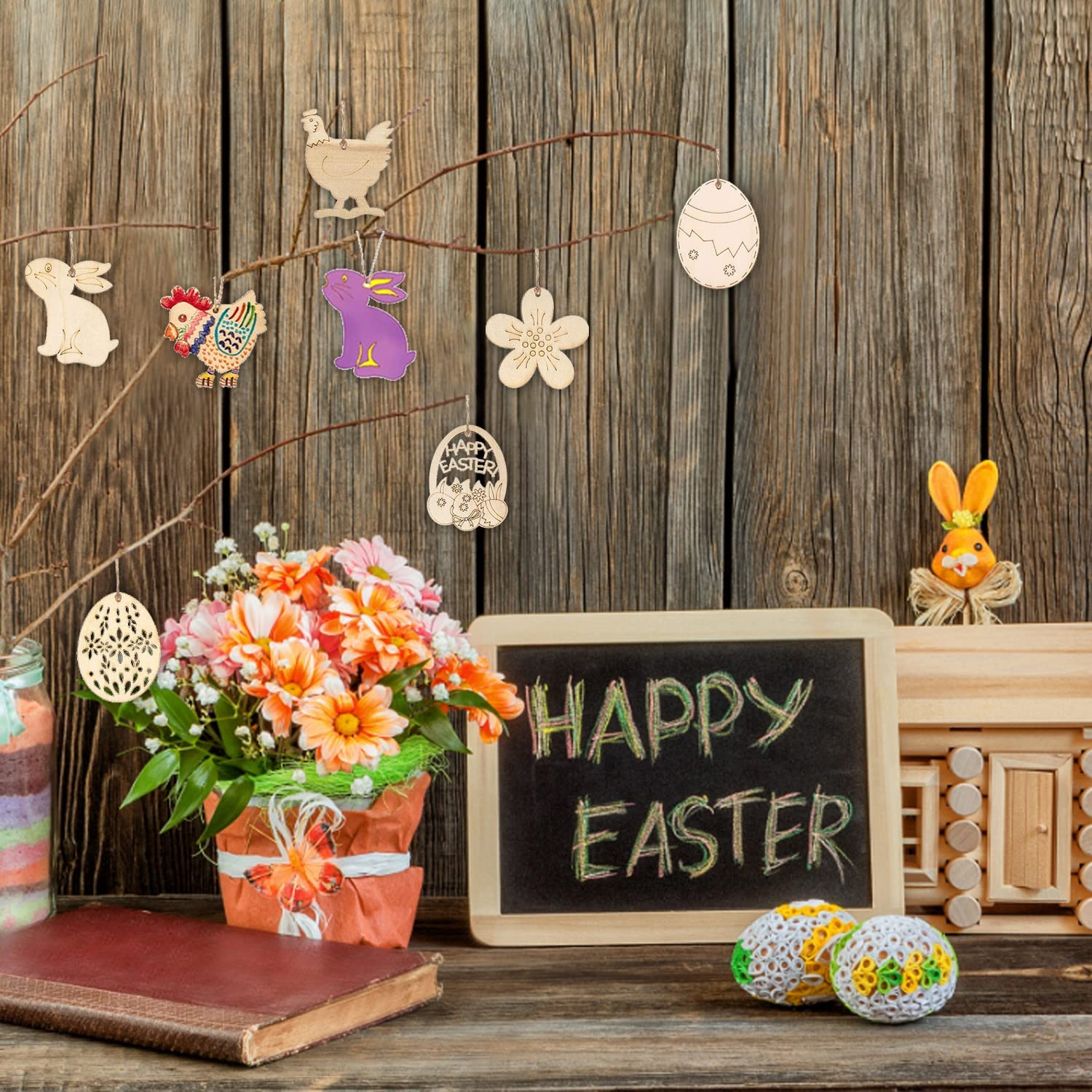 (20er Set) DIY Oster Geschenk Anhänger Bastel Home Deko Hase / Blume / Osterei Holzscheiben   Packschnur - Braun
