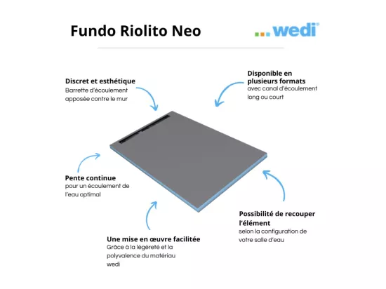 Receveur à carreler 180 x 90 cm Wedi Fundo Riolito Neo + barrette + bonde verticale + kit d'étanchéité et colle 320