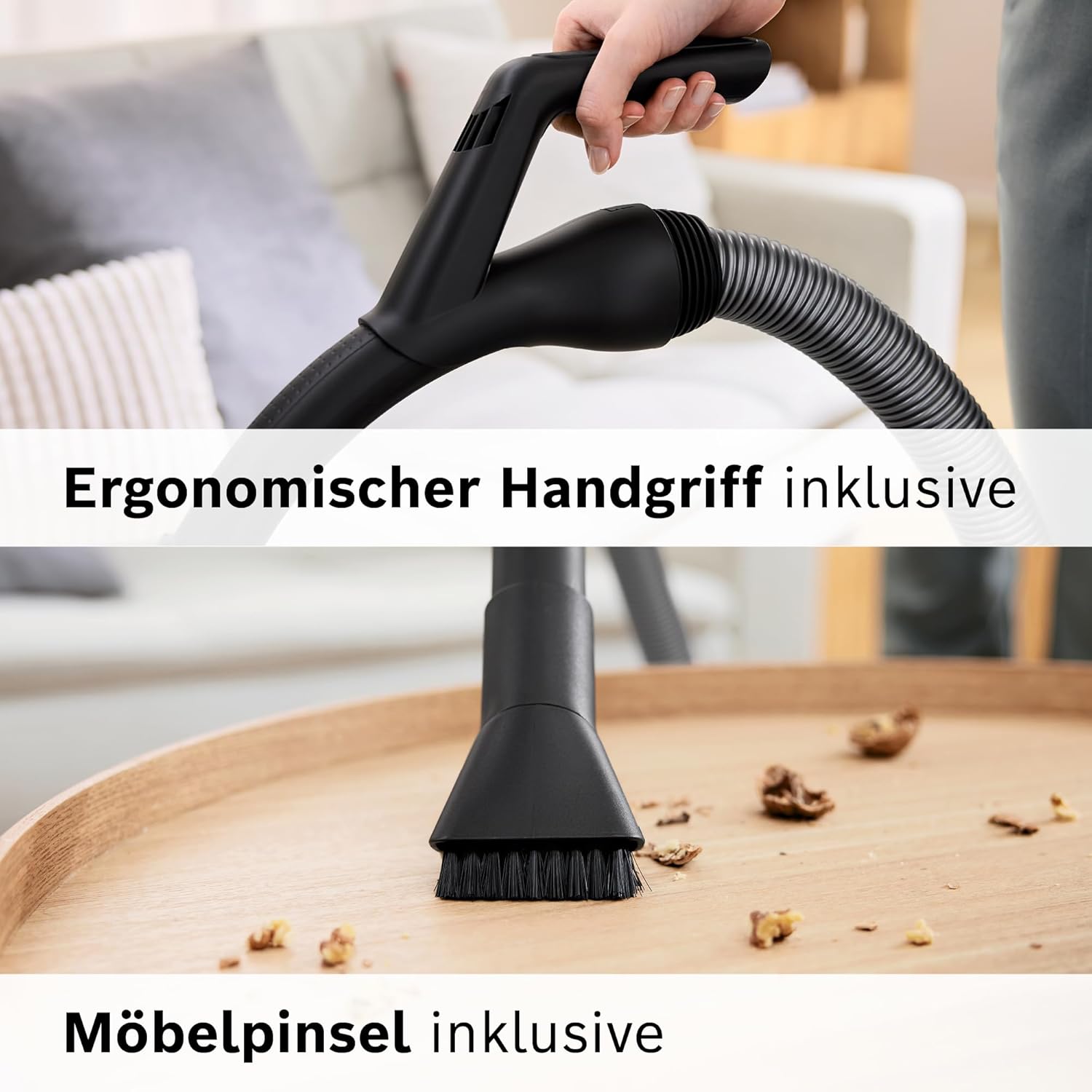 Bosch Staubsauger mit Beutel Serie 8 BGL75XPRQ, für Allergiker, Hygiene-Filter, 10 Jahre Motorgarantie, Hartbodendüse, XXL-Polsterdüse, XXL-Fugendüse, langes Kabel, Made in Germany, leise, 750 W, grau