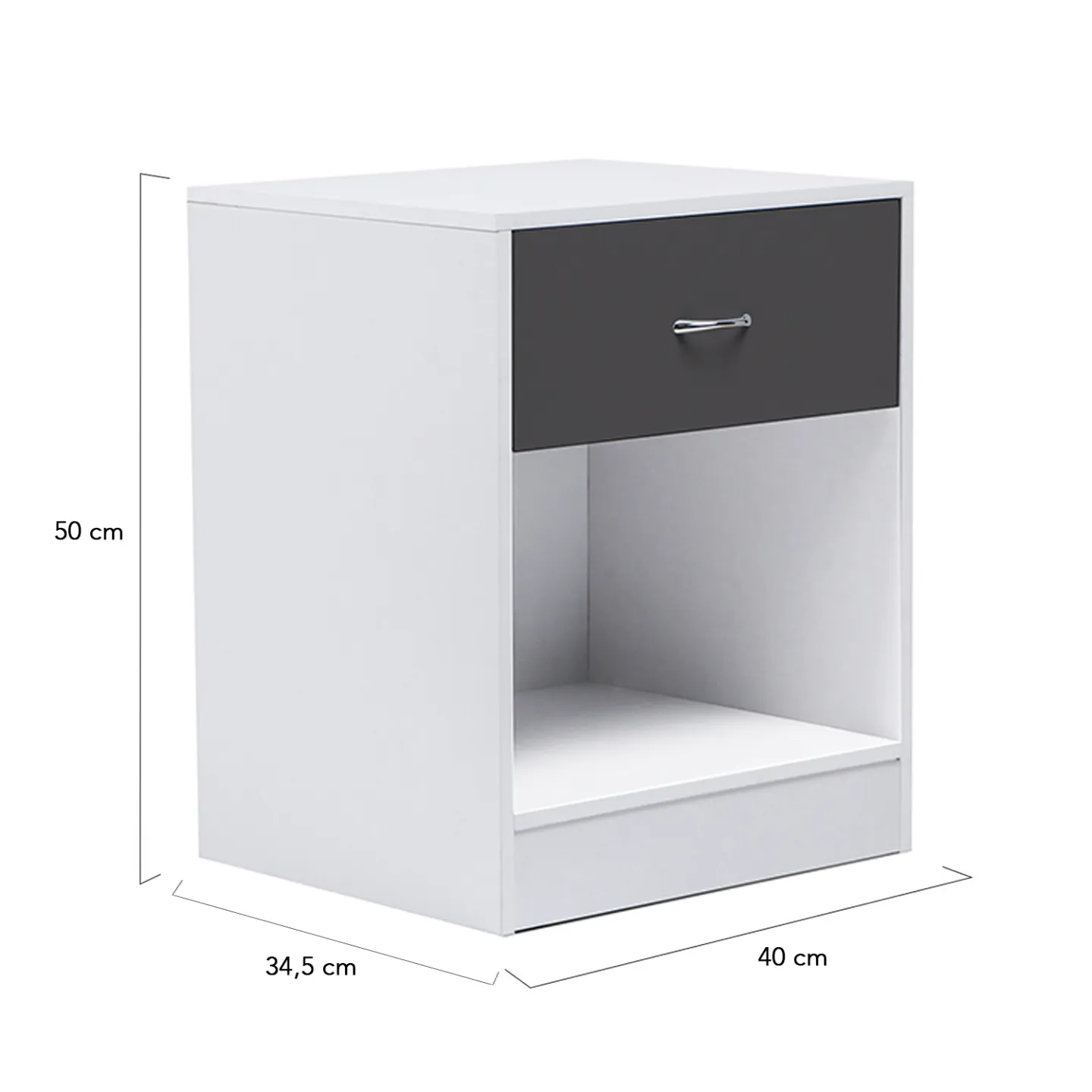 Lot de 2 tables de chevet OLGA 1 tiroir avec niche bois blanc et tiroir gris