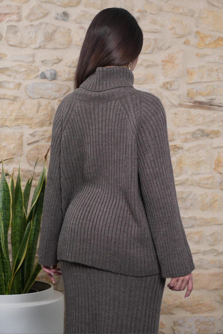 Ensemble 2 pièces pull + jupe en maille marron