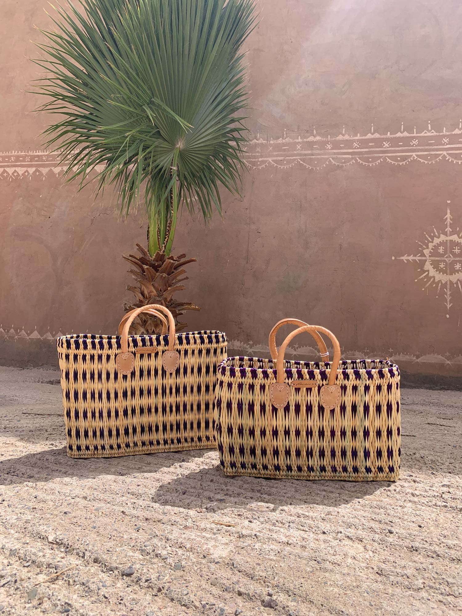 2er-Set Palmblatt-Taschen, natur, kariert günstig bestellen