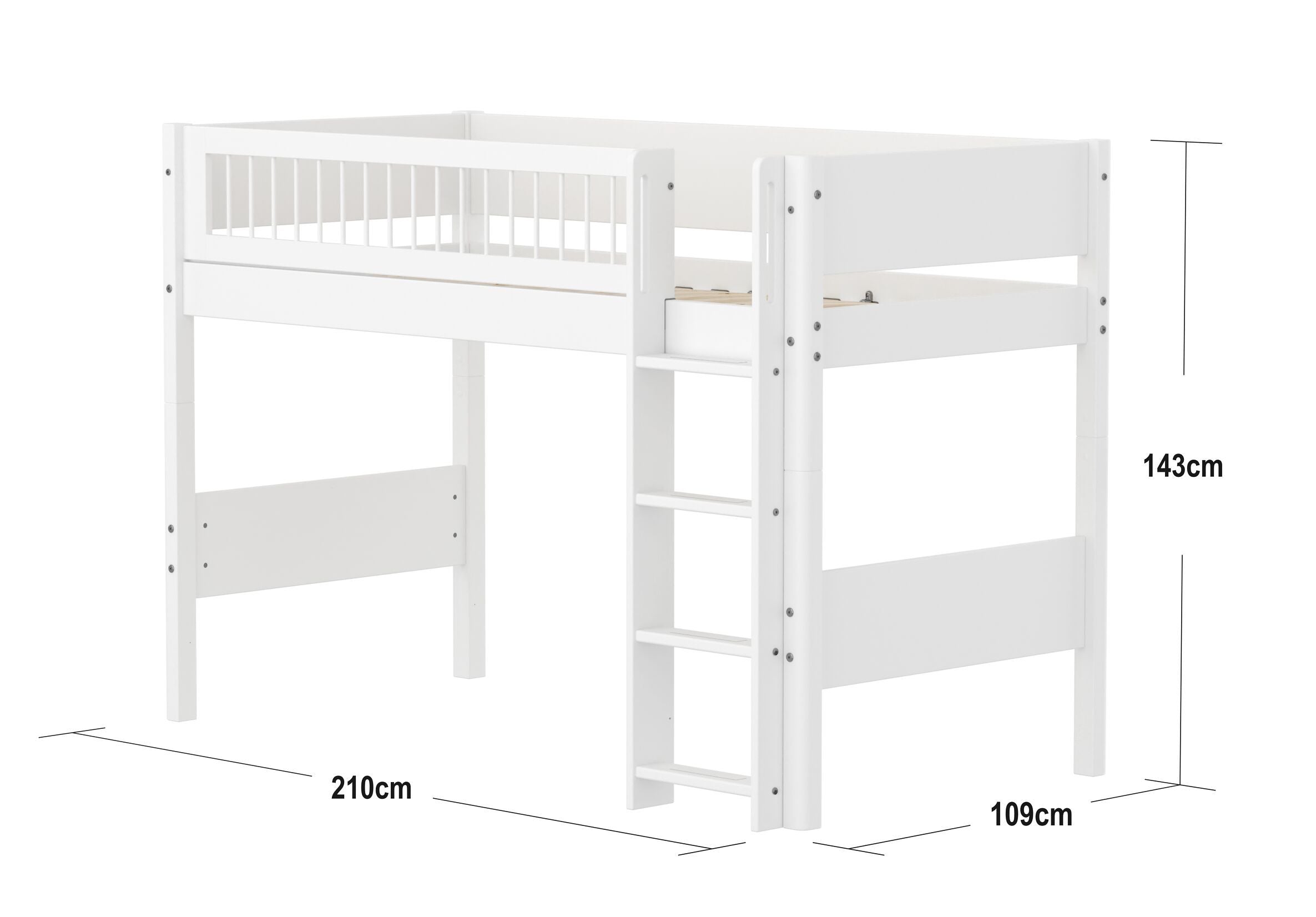 Flexa WHITE Mittelhochbett - Weiss / B: 109.0 cm x T: 210.0 cm x H: 143.0 cm