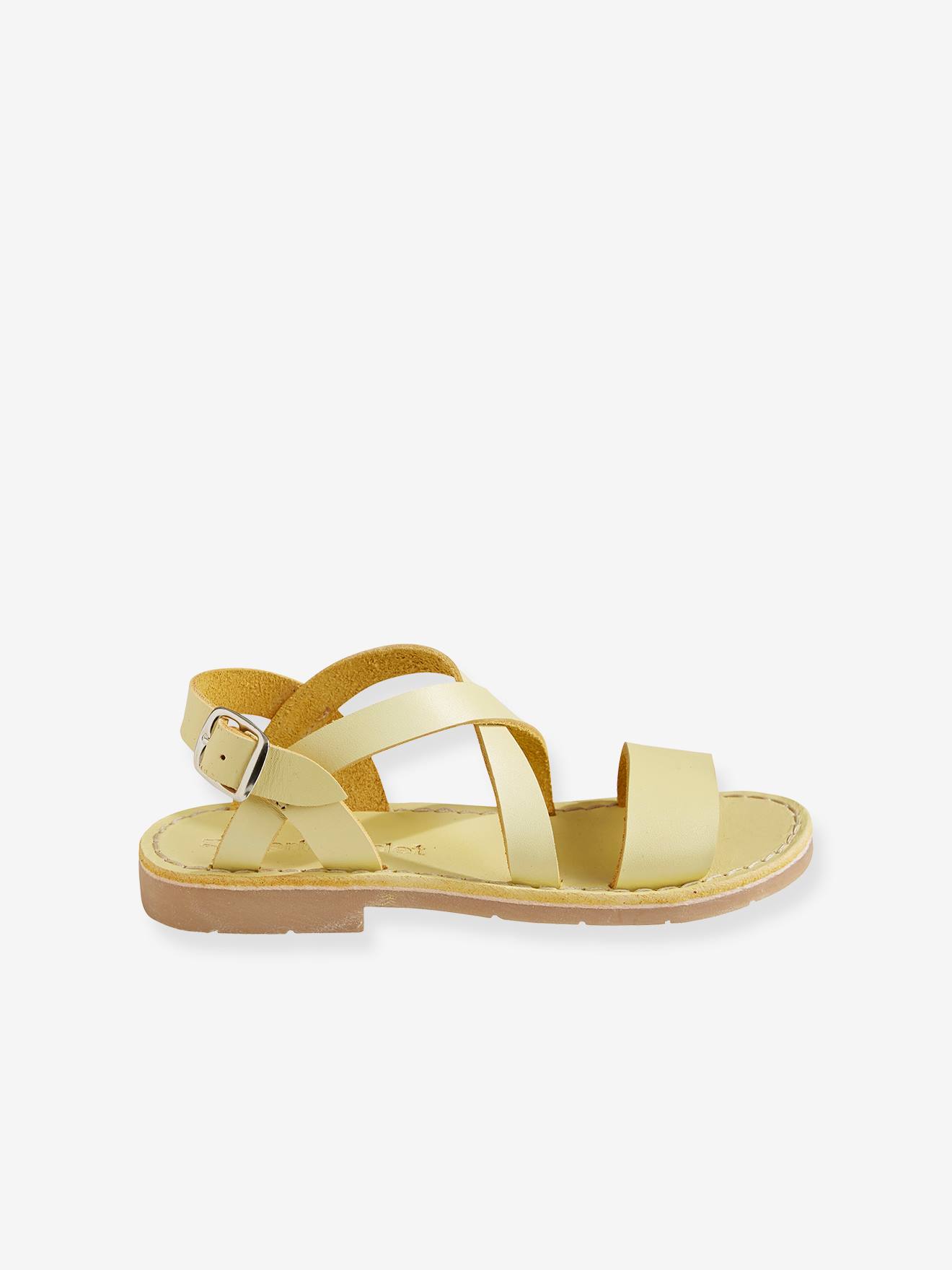 Sandálias lisas de couro curtido vegetal amarelo claro para meninas