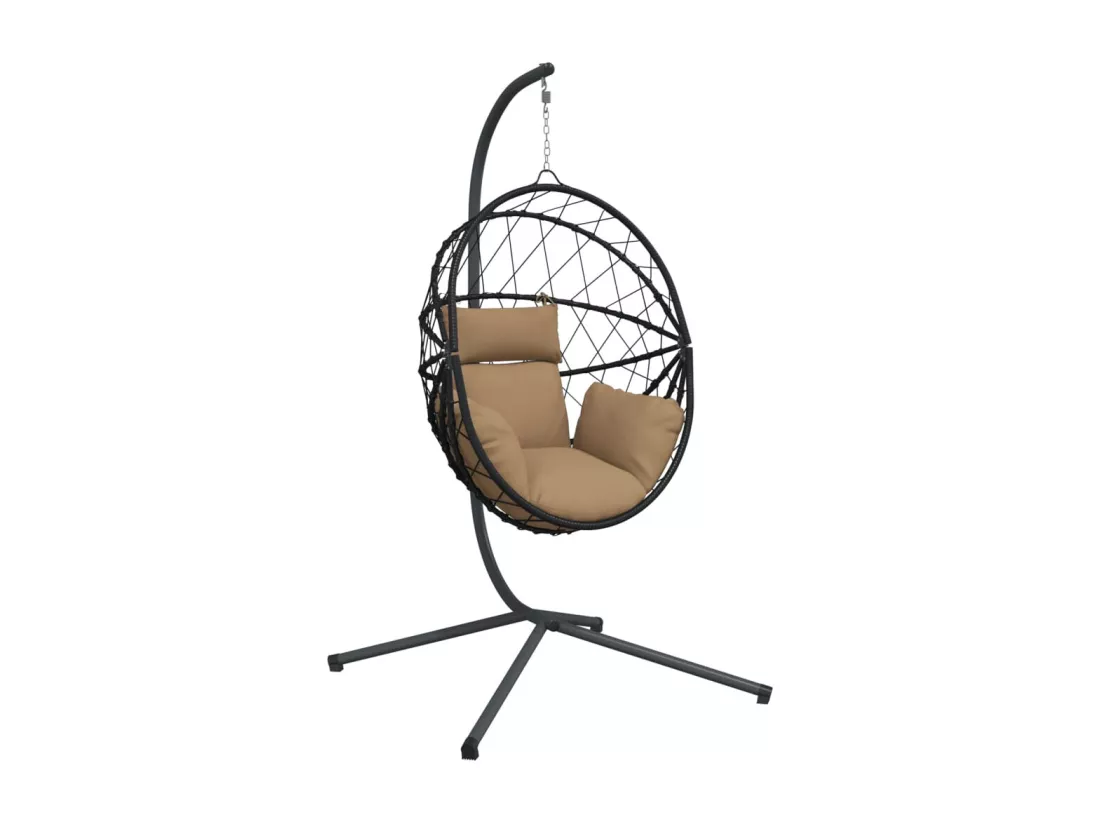 Chaise suspendue en forme d'œuf et support taupe rotin et acier