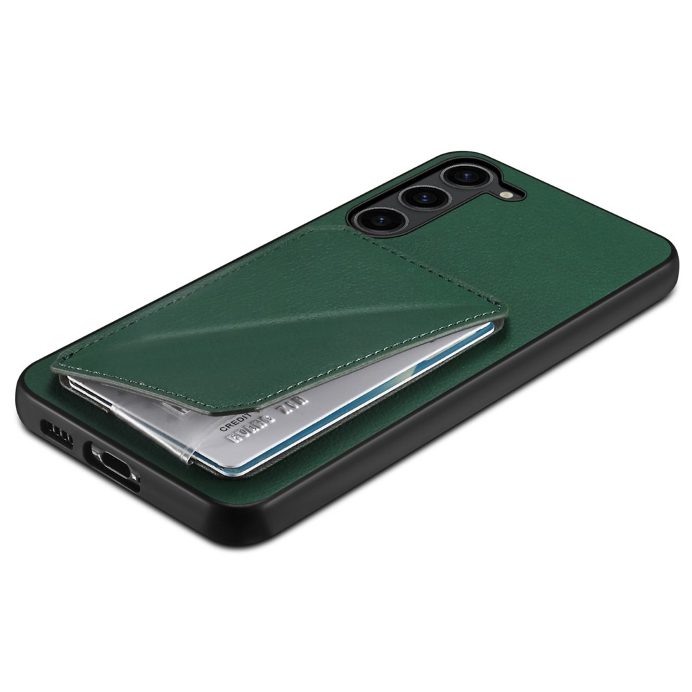 Samsung Galaxy S24  Plus Leder Hülle mit Kartenfach   Origami Kickstand Aufsteller im Litchi Look - Dunkelgrün