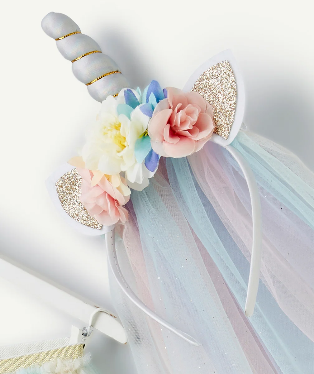 DÉGUISEMENT LICORNE AVEC JUPE ET SERRE-TÊTE EN TULLE PASTEL