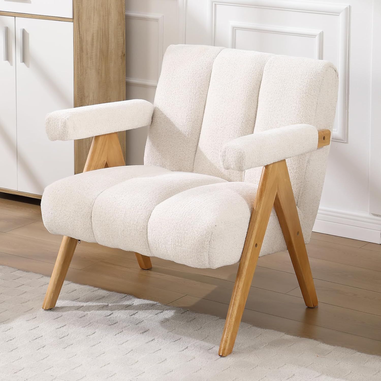 chairus Armlehnensessel Chenille Loungesessel für Wohnzimmer Sessel Modern Polsterstuhl mit Holzbeinen Relaxsessel Schlafzimmer, Weiß
