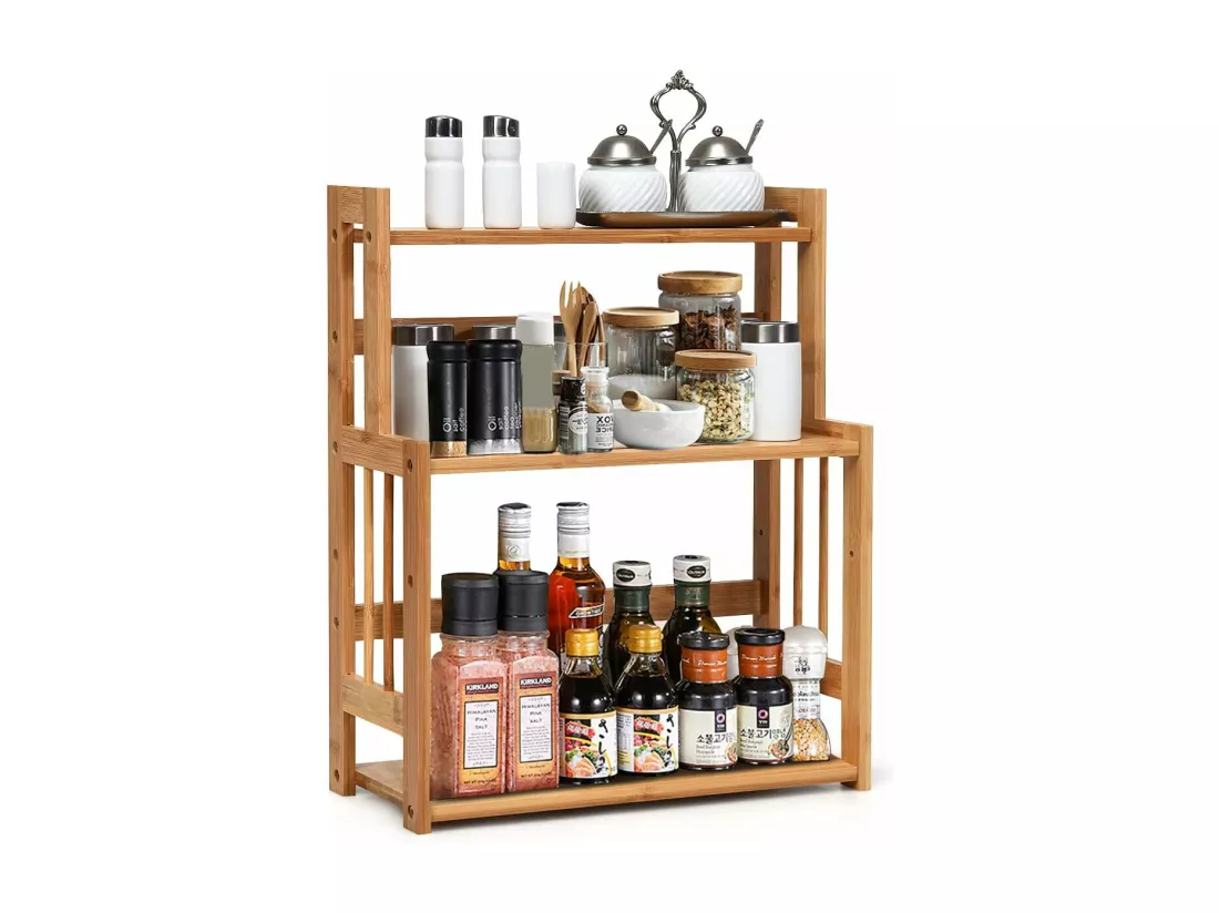 Etagère à épices en bambou, porte-épices à 3 niveaux hauteur réglable, 41,5 x 18 x 50 cm
