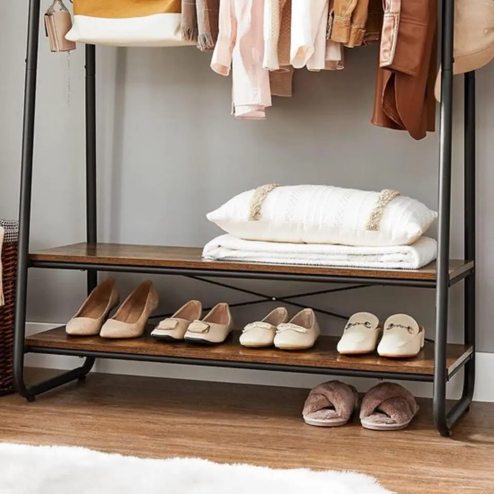 Garderobe - met 2 legplanken - 6 haken in S-vorm - vintage - Bruin-Zwart