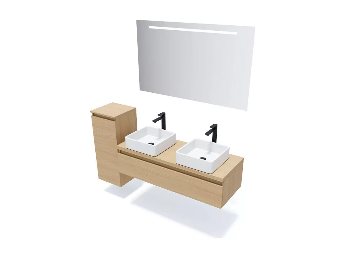Meuble de salle de bain suspendu 2 vasques à poser 120cm 1 tiroir Chêne clair - Hudson