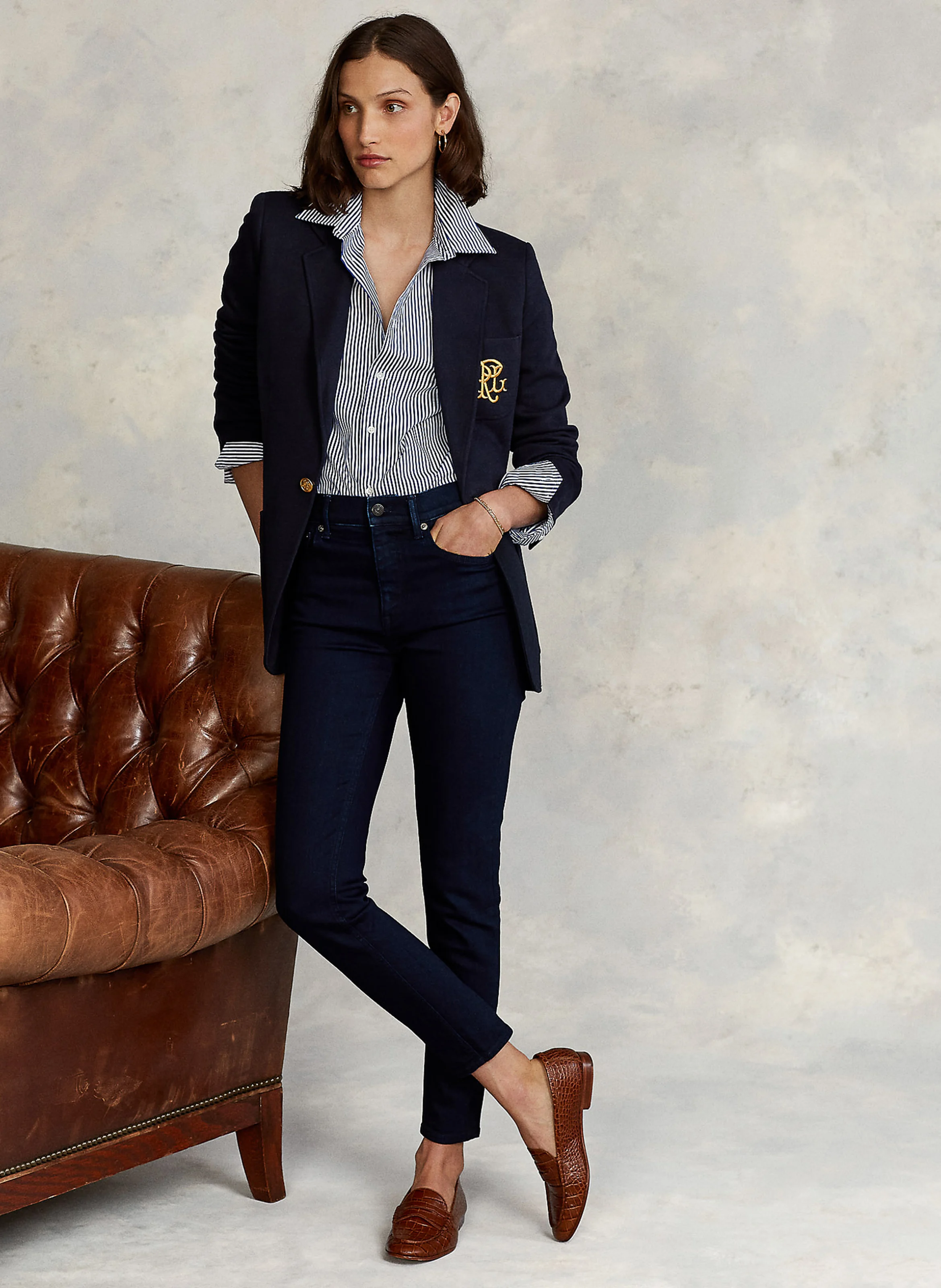 Veste col tailleur brodée en coton mélangé | Bleu