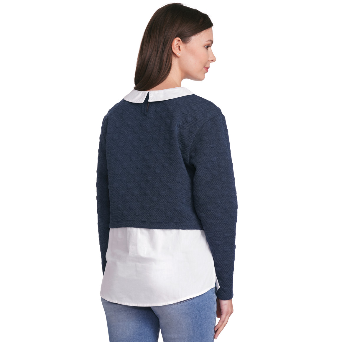 Gina Damen Strickpullover mit Blusen-Einsatz dunkelblau / weiss