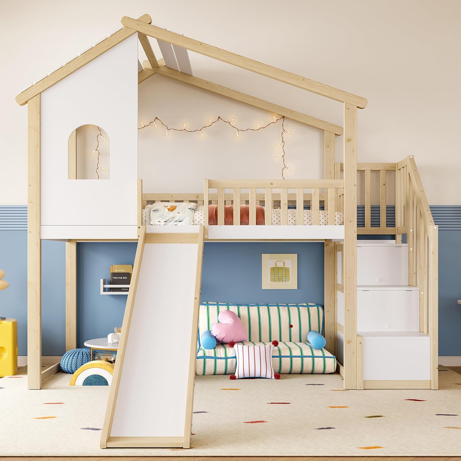 Merax Kinderbett 90x200 Hausbett Hochbett mit Rutsche, Dach&Fenster&Bettgitter, Treppe mit 2 Ablagefächern, Bett mit Lattenrost & Rausfallschutz, Ohne Matratze, Weiß+Natur