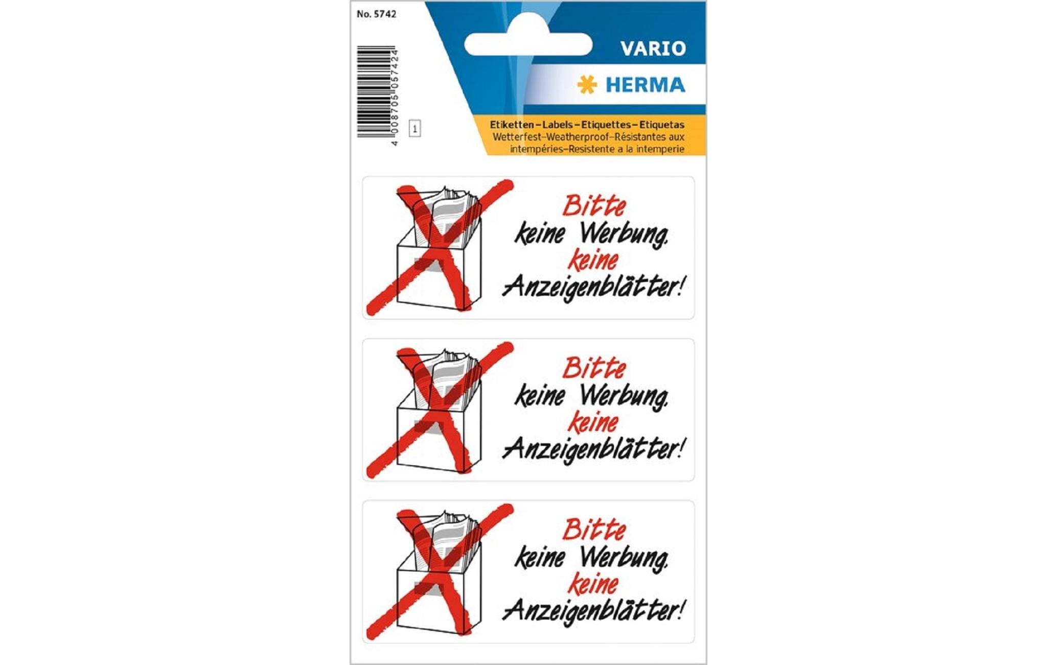 Hinweis-Etiketten Keine Werbung, 39 x 118 mm, 1 BlattWetterfeste, selbstklebende Stickers
