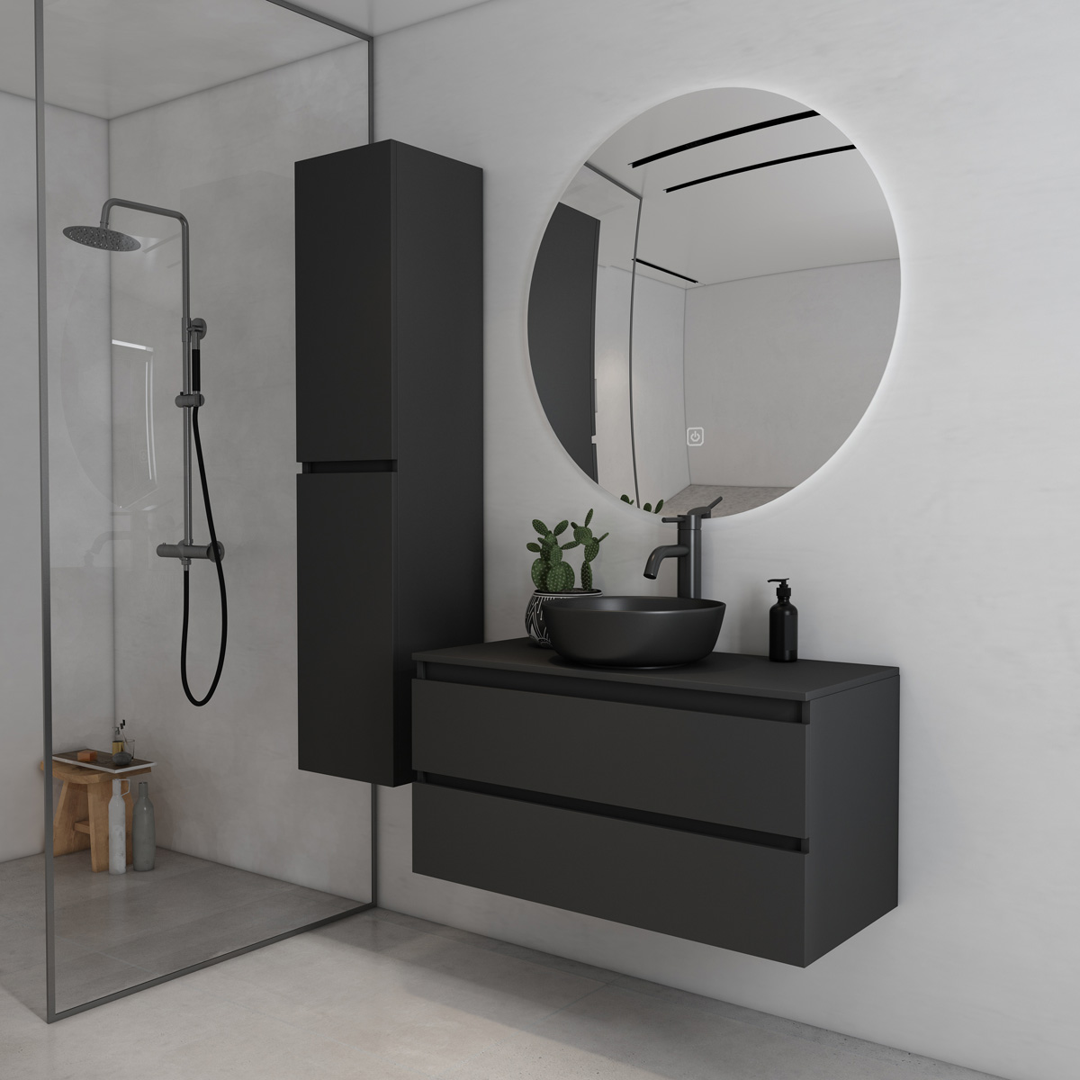 Fontana Proma badkamermeubel 100cm met zwarte waskom en LED spiegel zwart mat