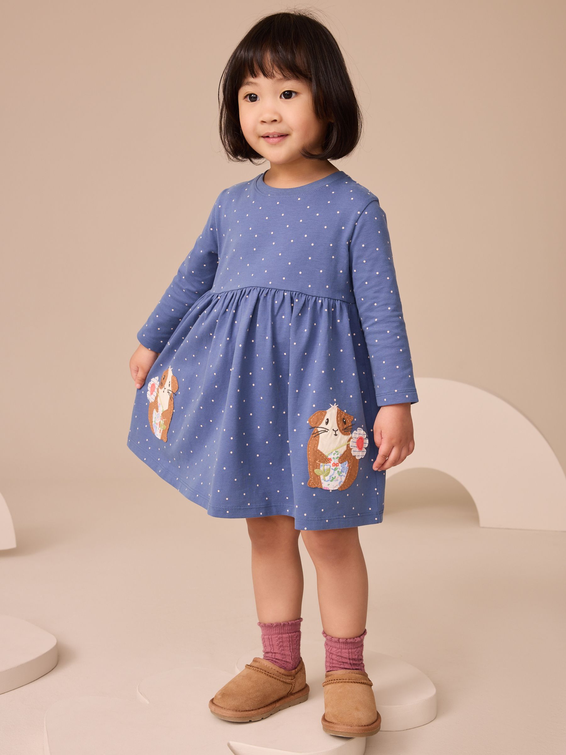 Blauw met cavia - Jurk met lange mouwen en versiering (3mnd -7jr)