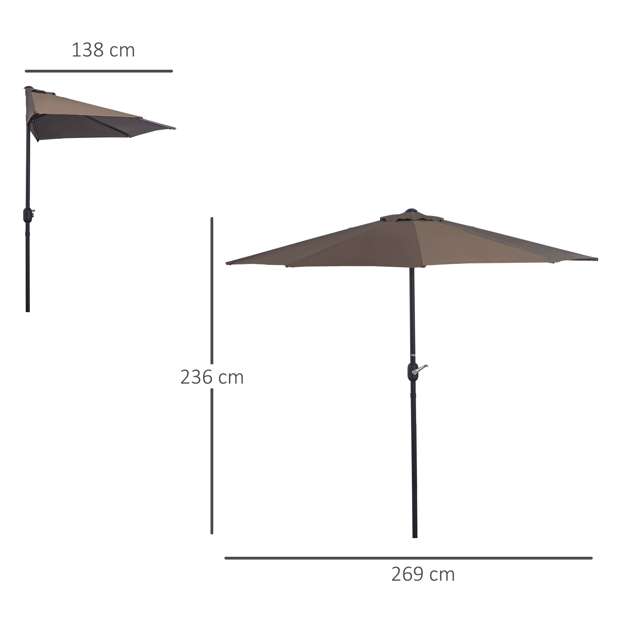 Guarda-sol de jardim Outsunny 269x138x236 cm com manivela e formato semicircular para terraço, pátio, piscina e café ao ar livre.