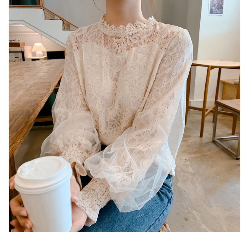 Onipixiy - Blouse met pofmouwen en een mockneck, effen mesh paneel en kant