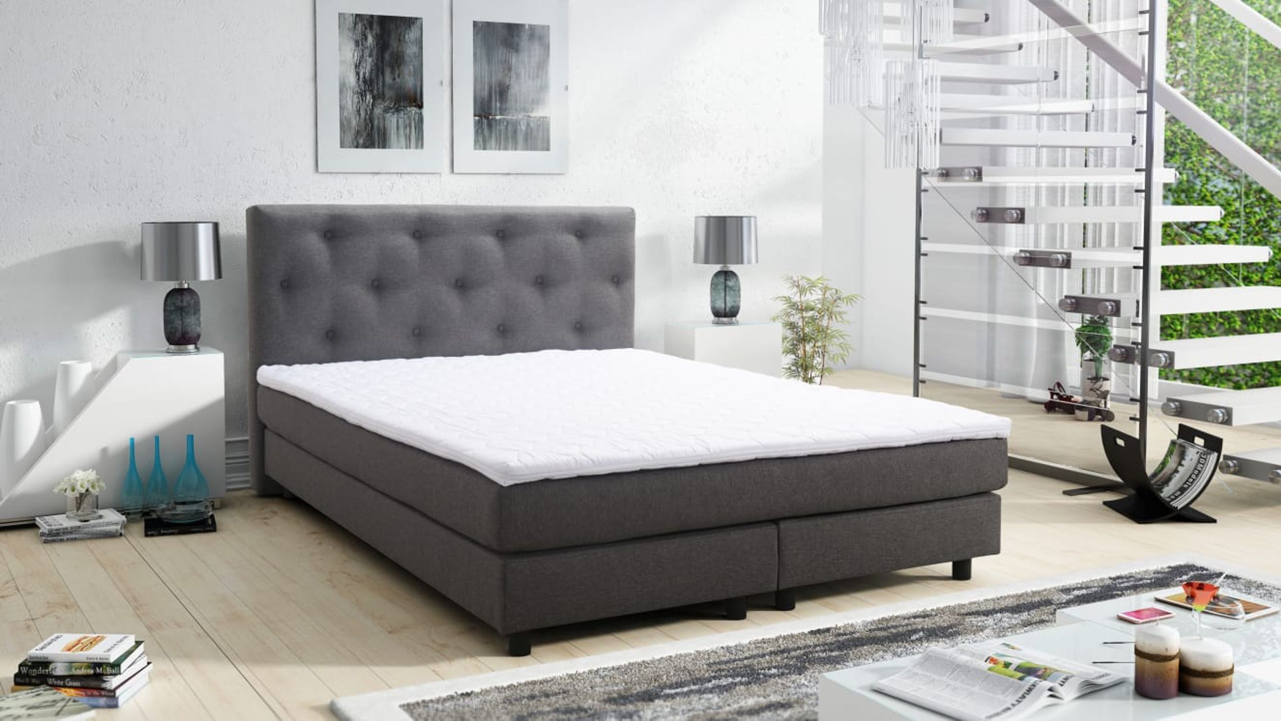 Boxspringbett Boxbett Glenn 2 Chester Hotelbett 140x200 Bett Topper Grau